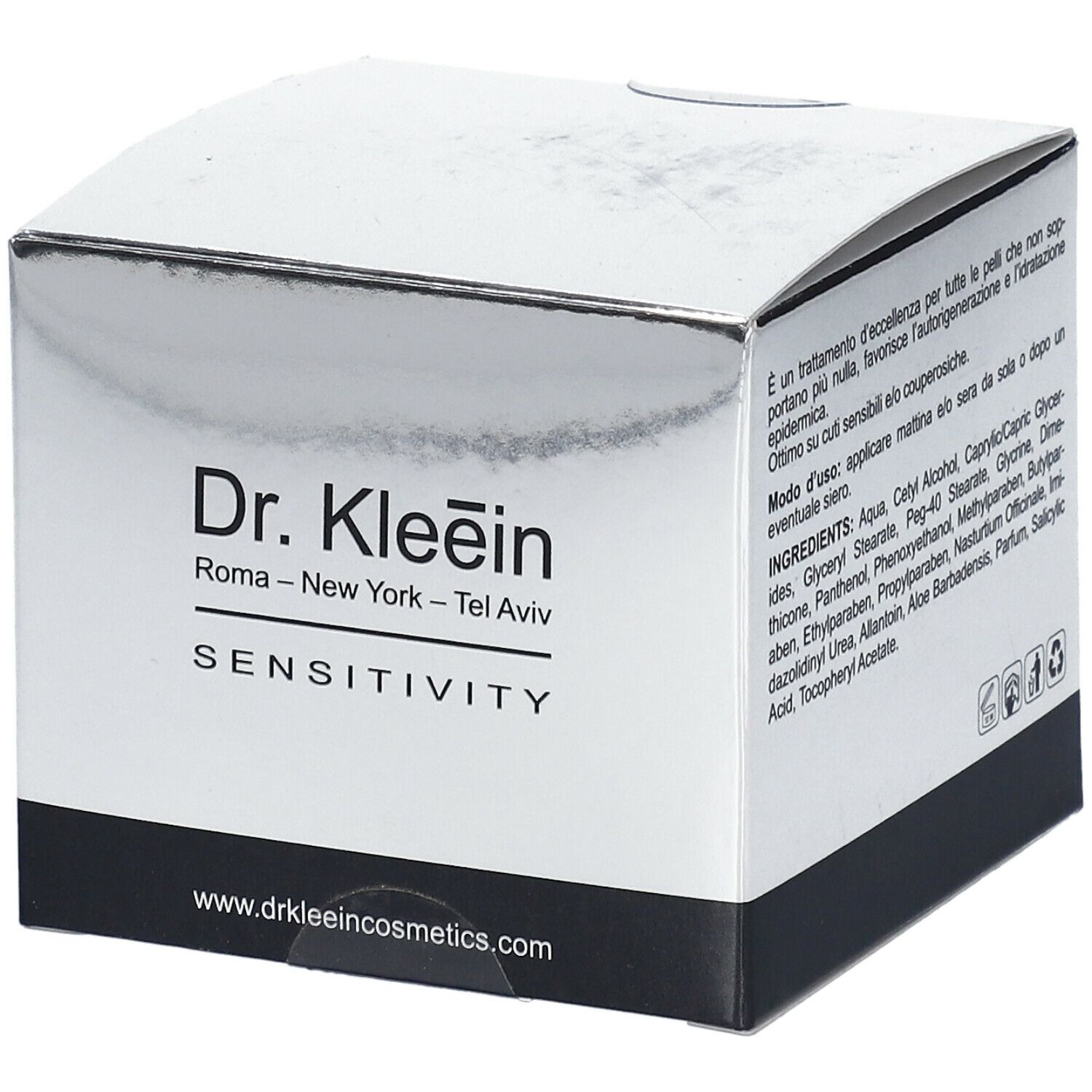 Scatola argentata con nome e testo del prodotto. Scritto: Dr. Kleein SENSITIVITY. Indirizzo del sito web in basso.