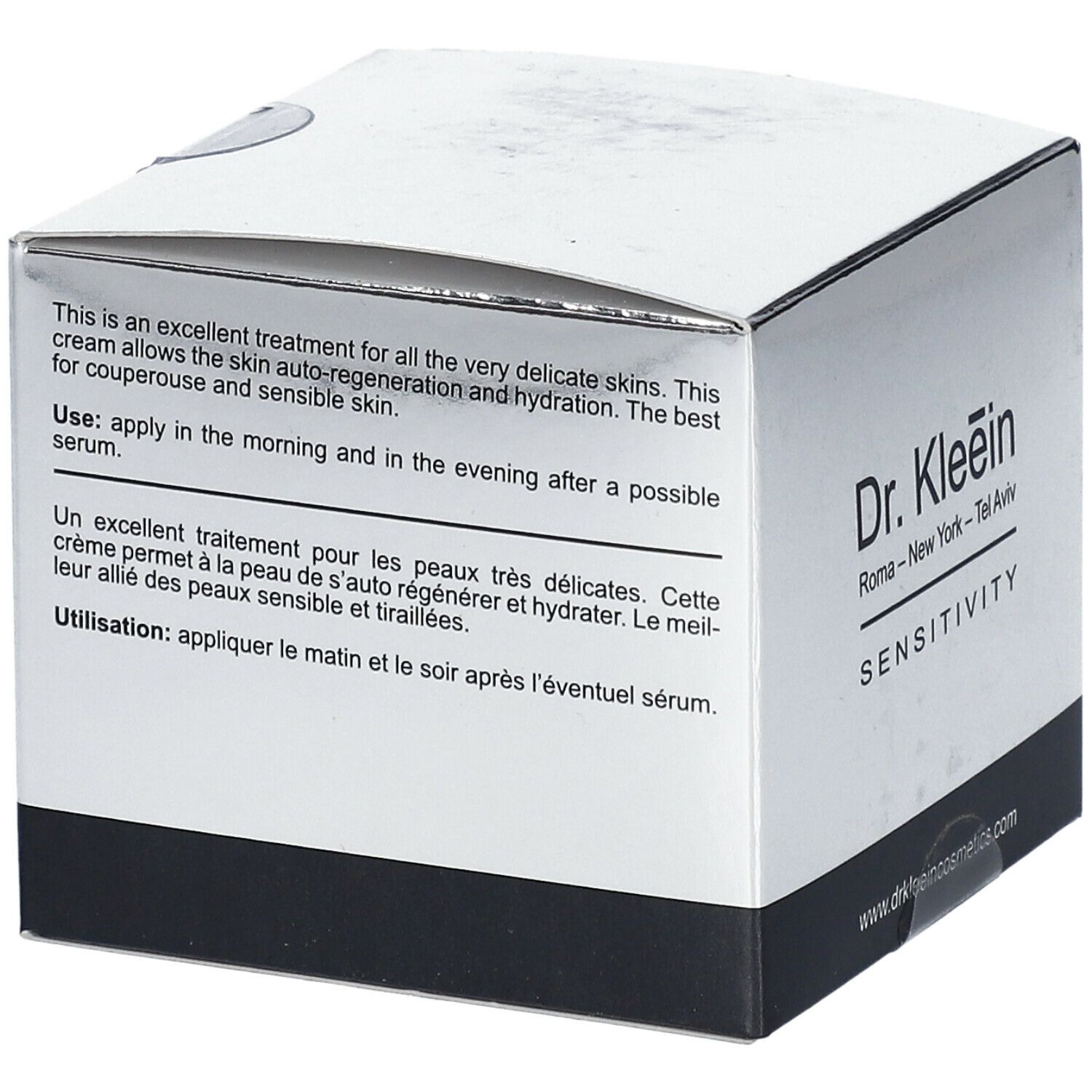 Scatola argentata con nome e testo del prodotto. Scritto: Dr. Kleein SENSITIVITY. Testo in inglese e francese.