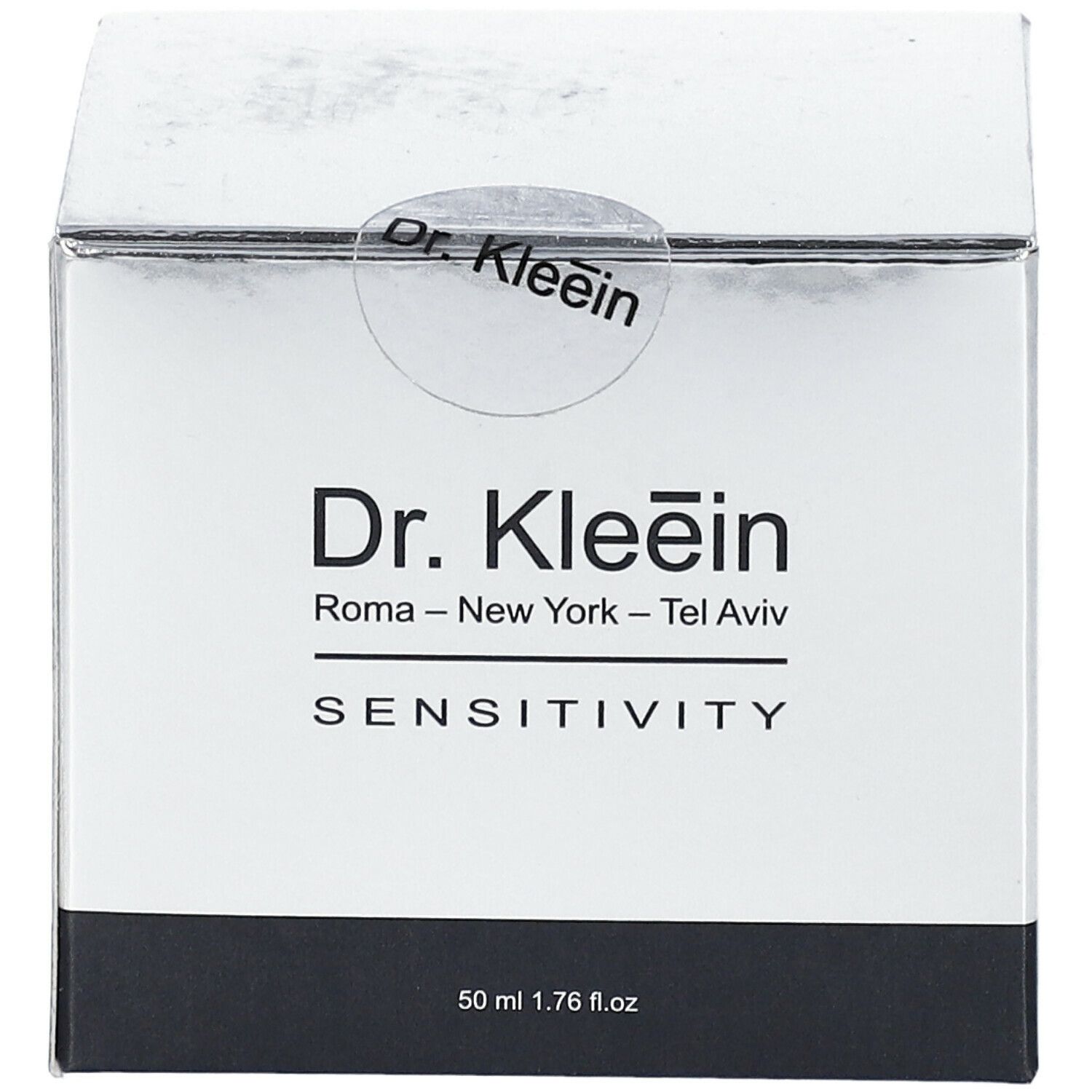 Scatola argentata con nome e testo del prodotto. Scritto: Dr. Kleein SENSITIVITY. 50 ml. Sigillo.