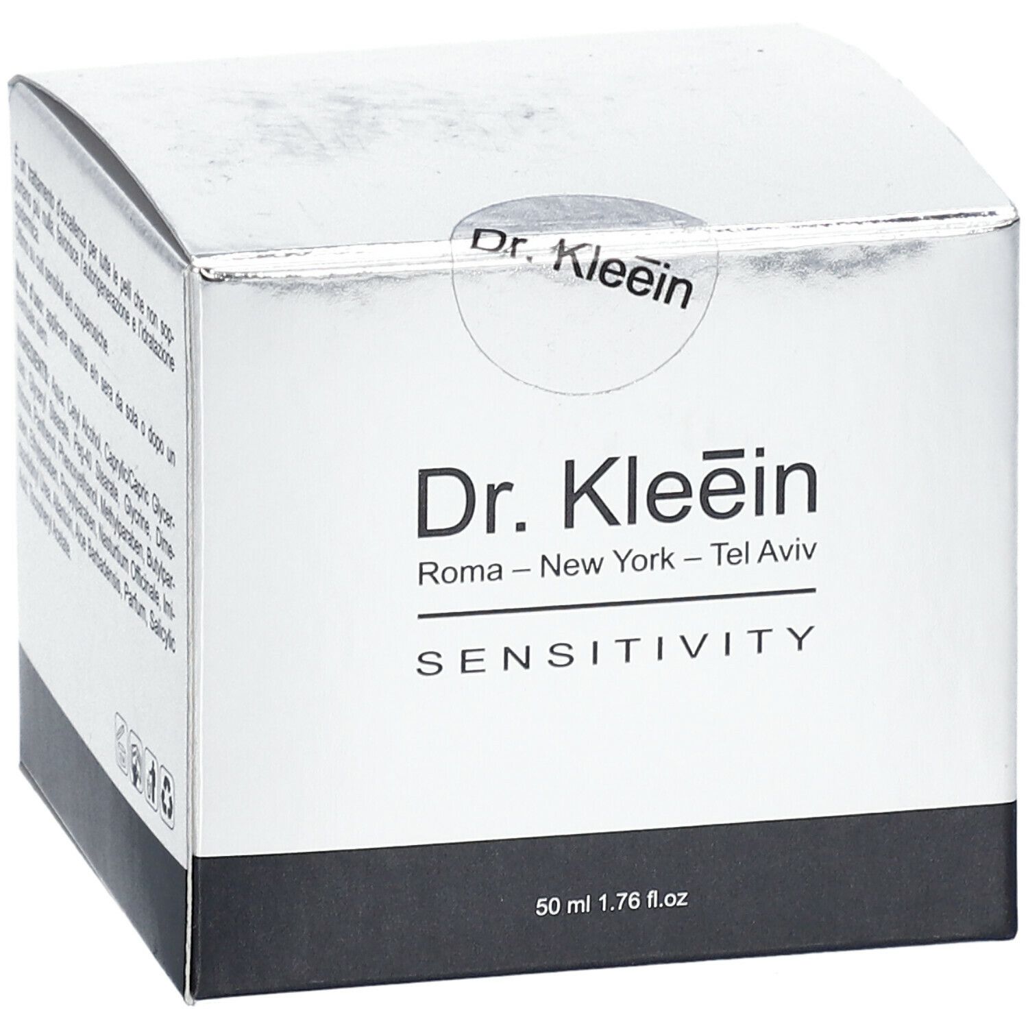 Scatola argentata con nome e testo del prodotto. Scritto: Dr. Kleein SENSITIVITY. 50 ml. Sigillo.