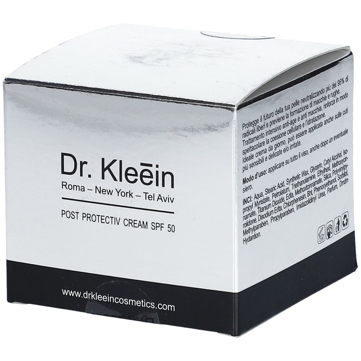 Scatola Dr. Kleein POST PROTECTIV CREAM SPF 50. Confezione bianca e argento con informazioni e logo del prodotto.