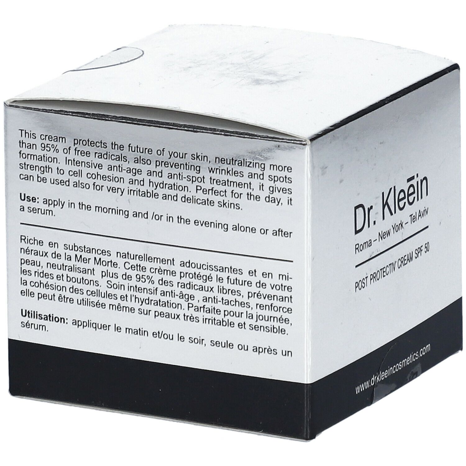 Confezione Dr. Kleein POST PROTECTIV CREAM SPF 50. Testo con informazioni sul prodotto su sfondo bianco e argento.