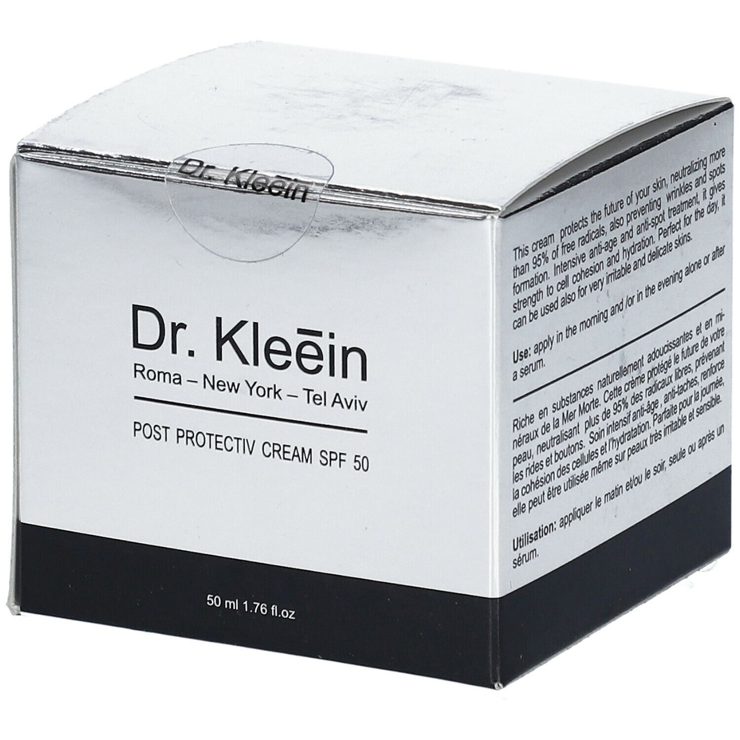 Confezione Dr. Kleein POST PROTECTIV CREAM SPF 50. Nome del prodotto e logo su sfondo bianco e argento.