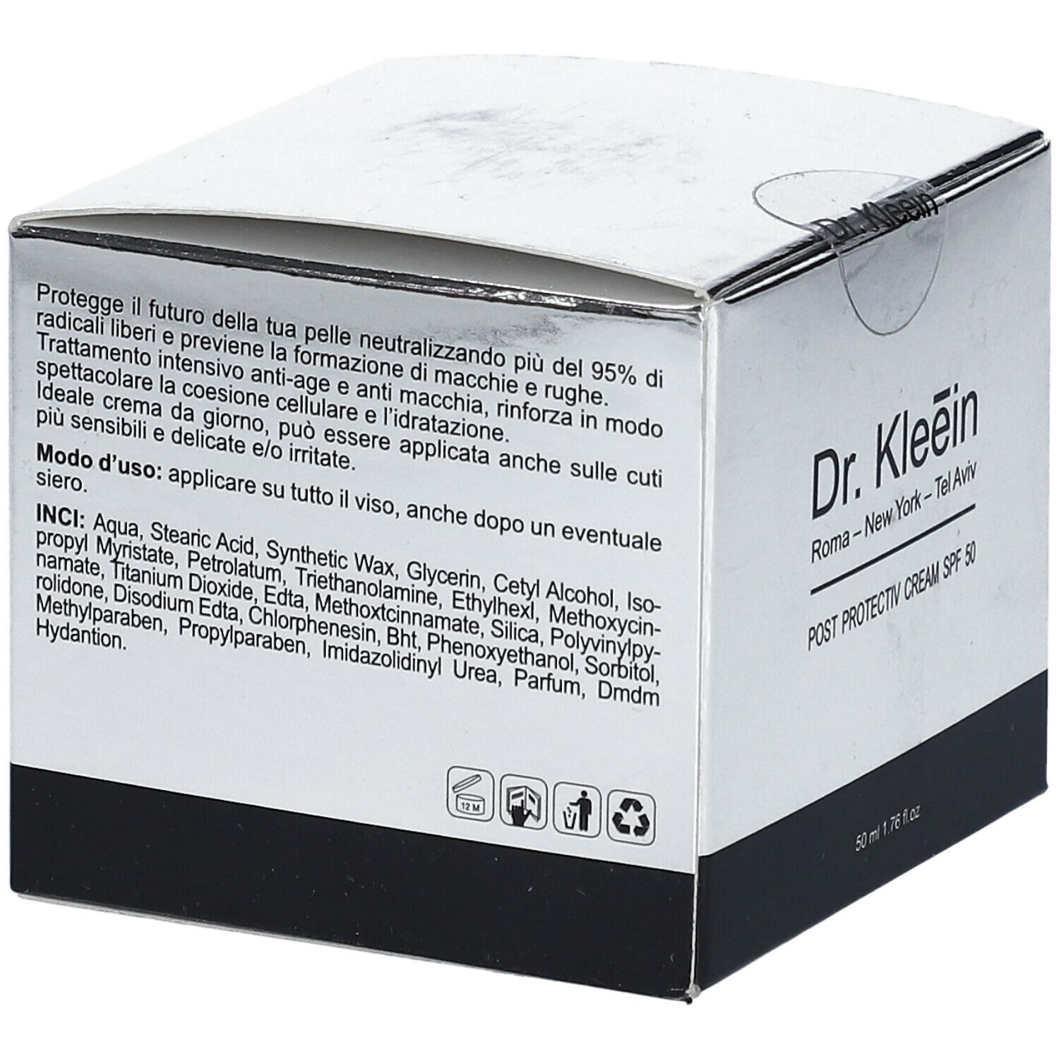 Confezione Dr. Kleein POST PROTECTIV CREAM SPF 50. Retro con ingredienti e istruzioni per l'uso.