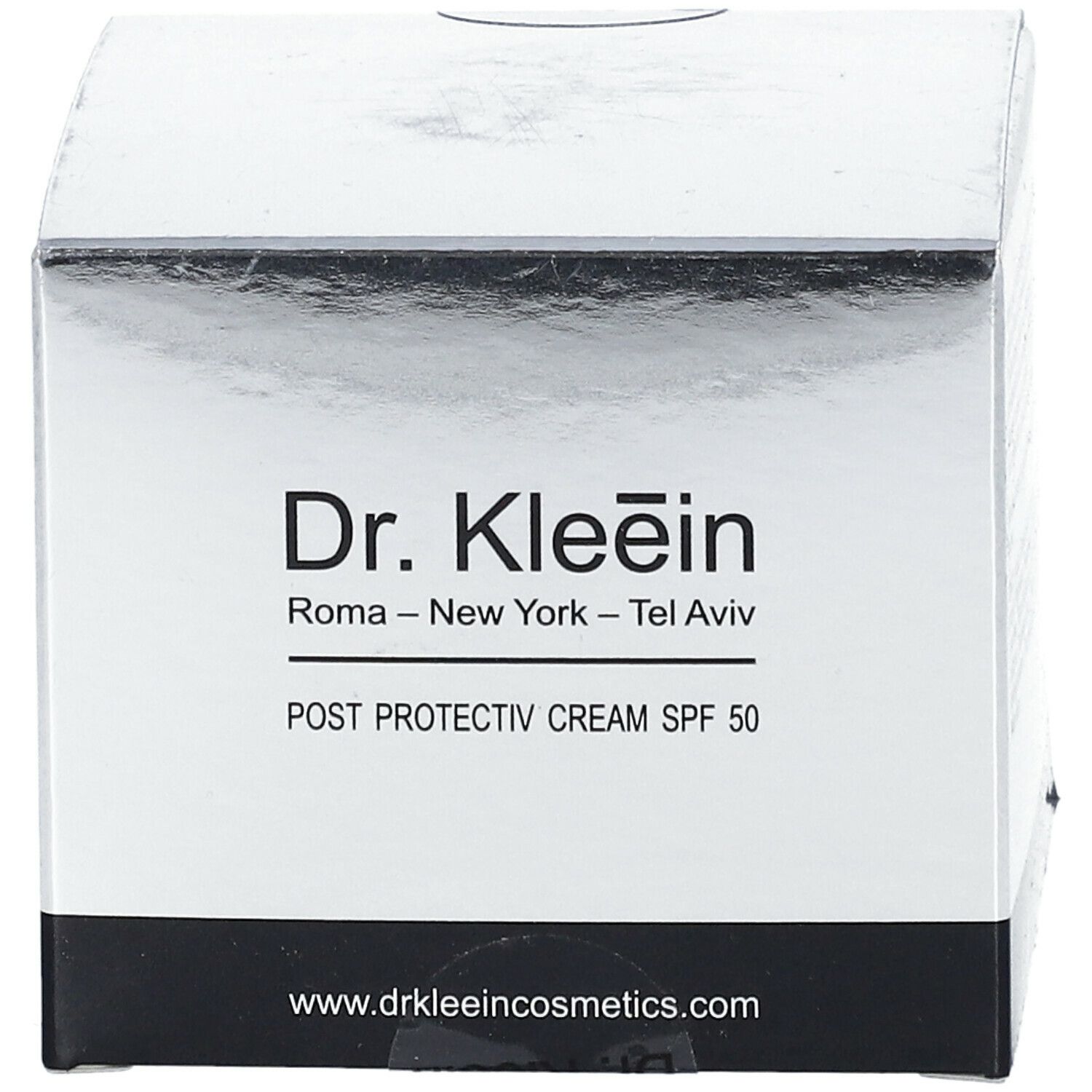 Confezione Dr. Kleein POST PROTECTIV CREAM SPF 50. Nome del prodotto e logo su sfondo bianco e argento.