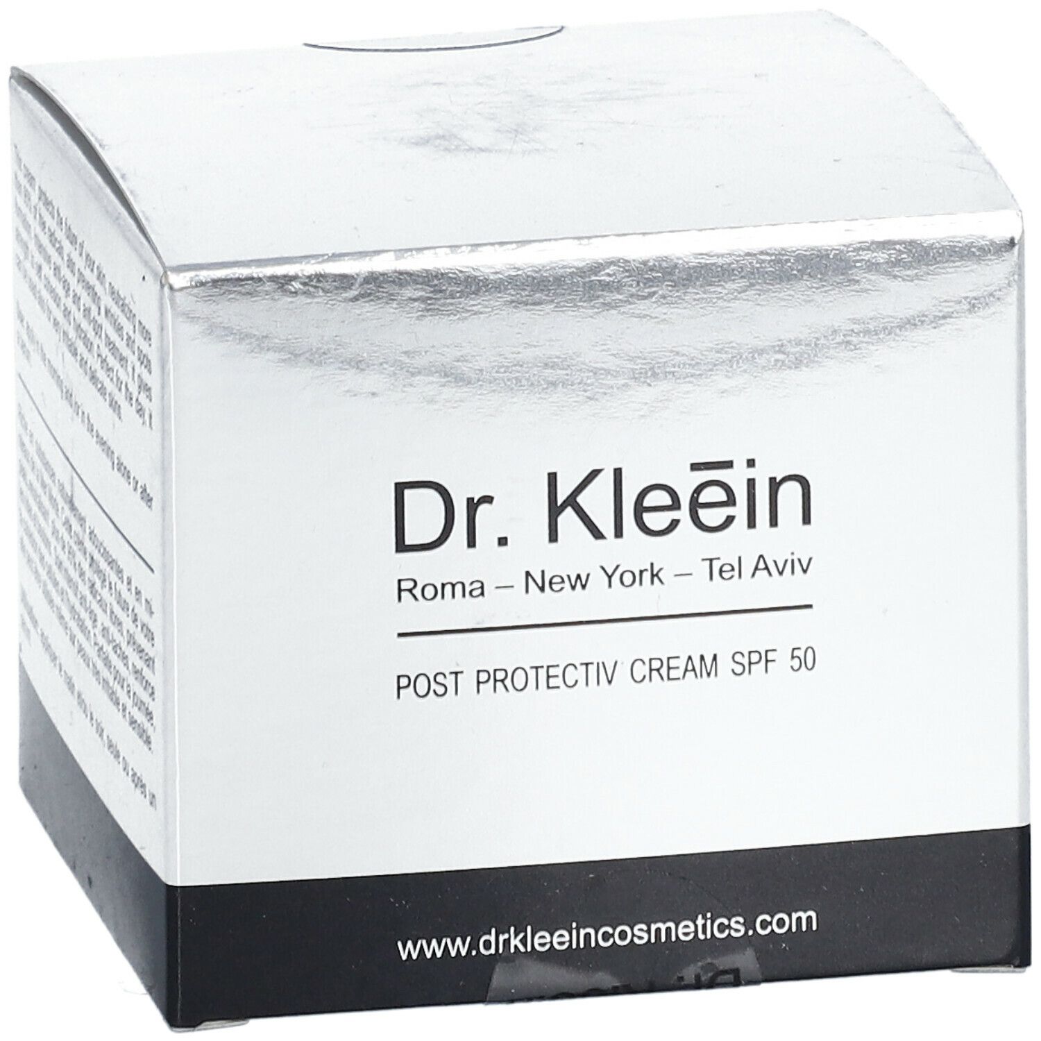 Confezione Dr. Kleein POST PROTECTIV CREAM SPF 50. Nome del prodotto e logo su sfondo bianco e argento.