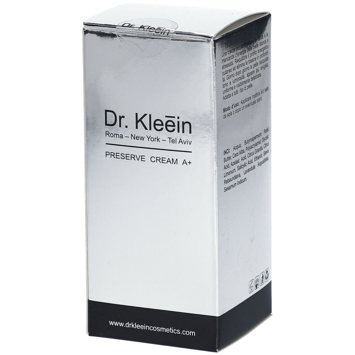Scatola pieghevole argentata con informazioni sul prodotto. Scritto: Dr. Kleein PRESERVE CREAM A+.