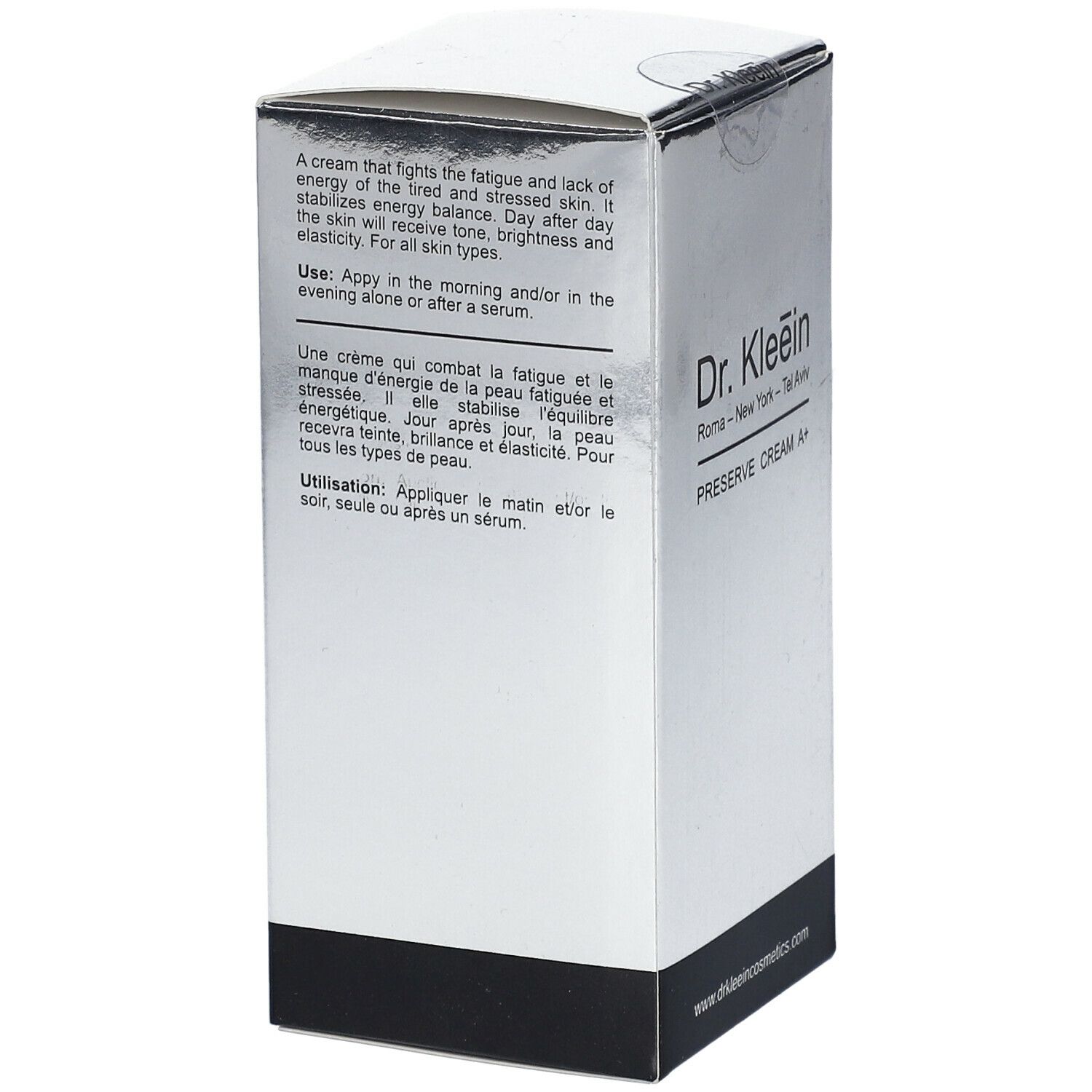 Scatola pieghevole argentata con testo. Scritto: Dr. Kleein PRESERVE CREAM A+. Testo sull'uso.