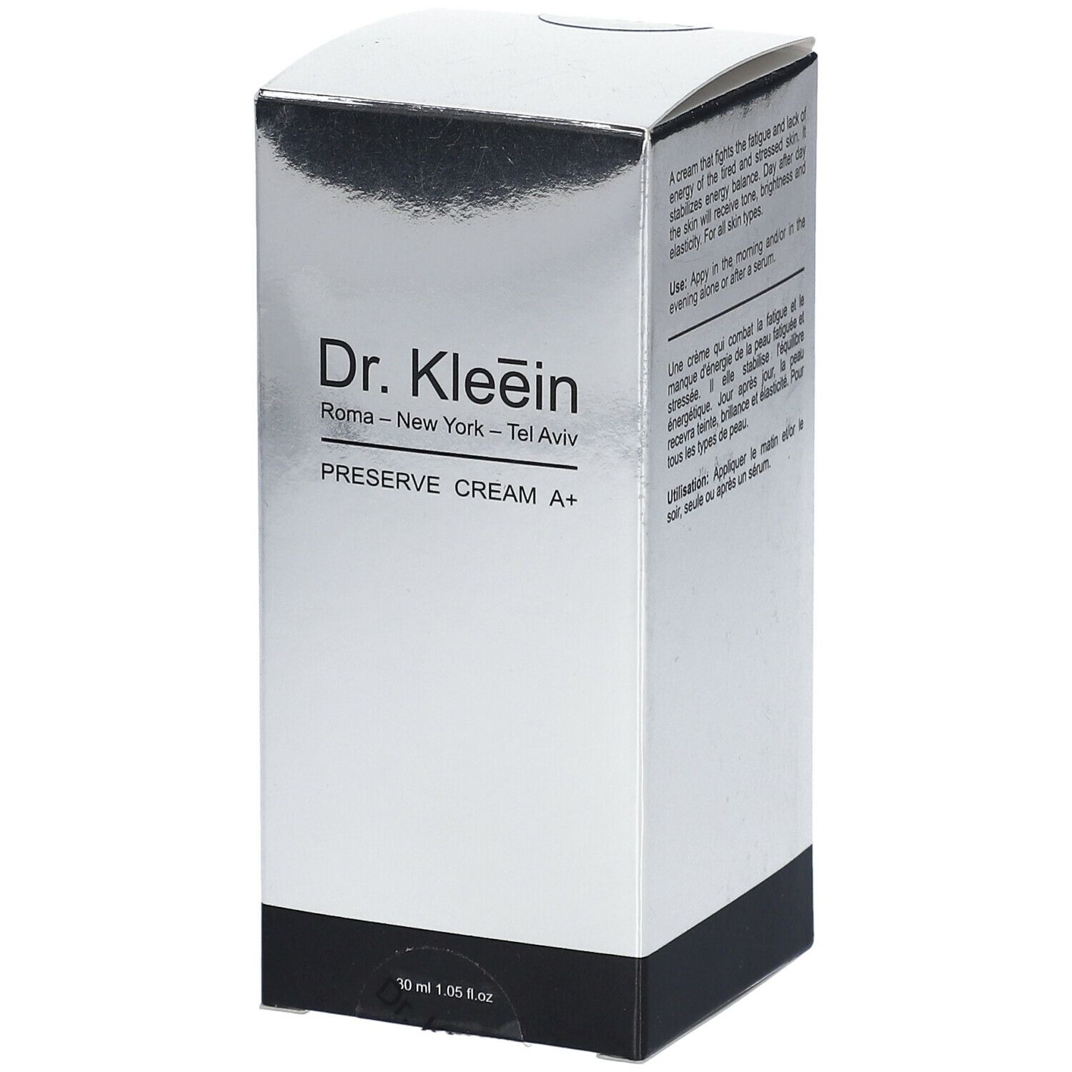 Scatola pieghevole argentata con testo e informazioni sul prodotto. Scritto: Dr. Kleein PRESERVE CREAM A+.