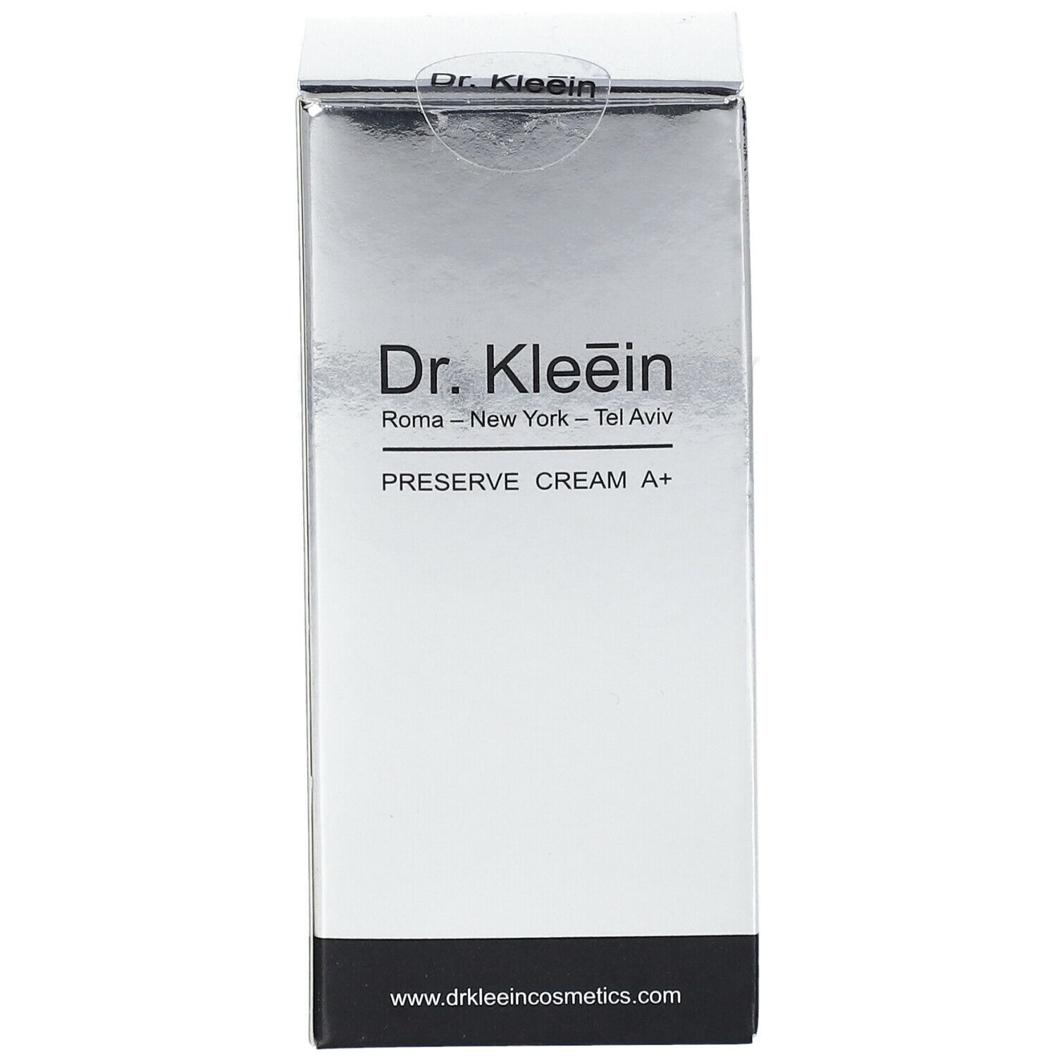 Scatola pieghevole argentata con informazioni sul prodotto. Scritto: Dr. Kleein PRESERVE CREAM A+.