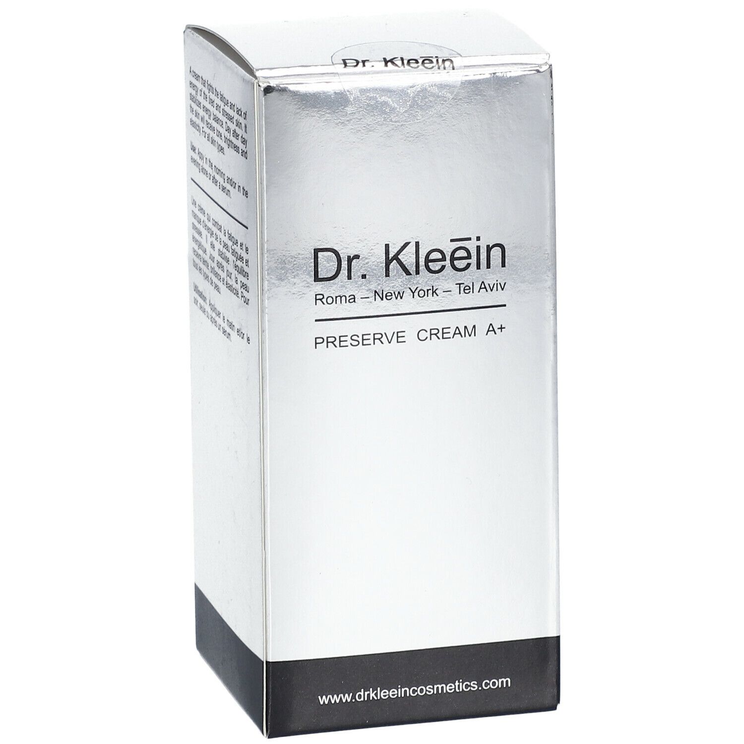 Scatola pieghevole argentata con informazioni sul prodotto. Scritto: Dr. Kleein PRESERVE CREAM A+.