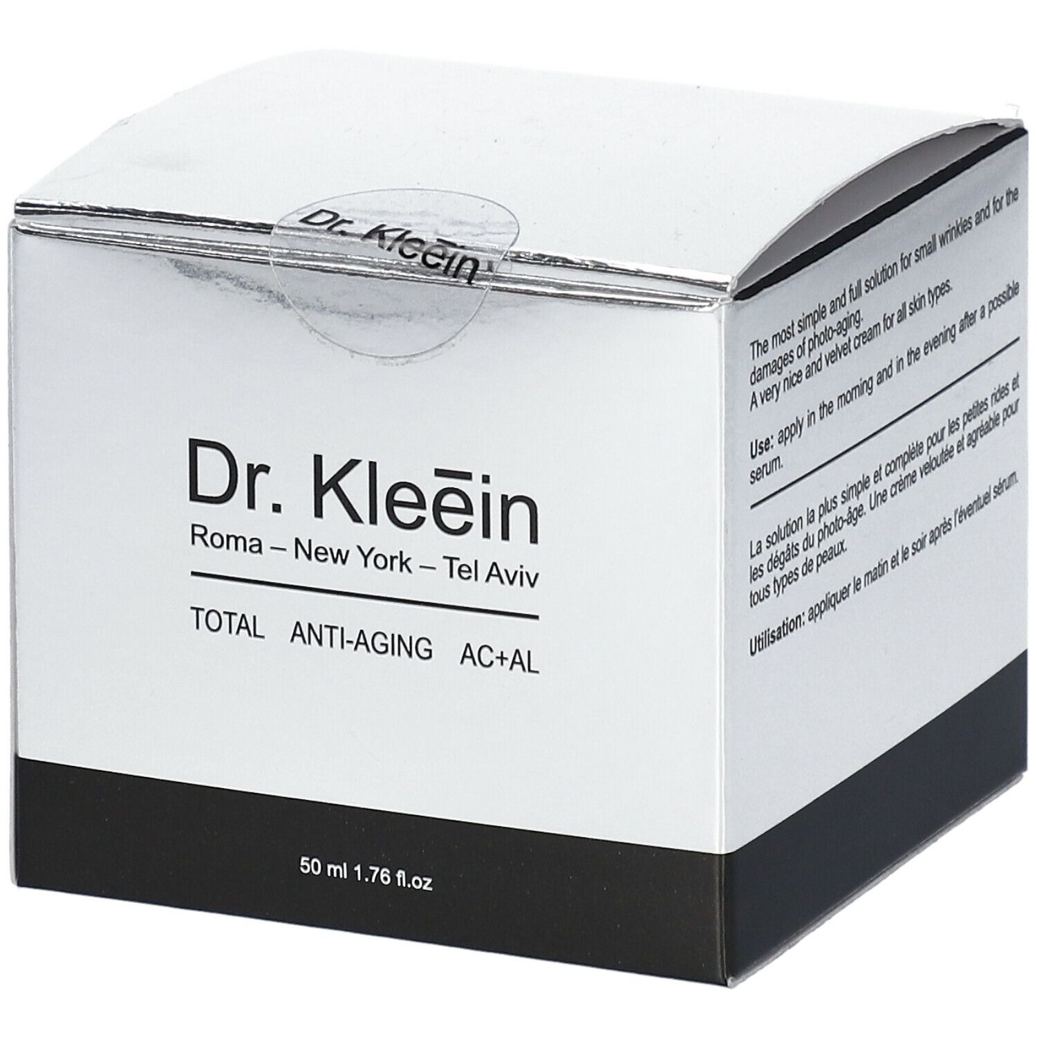 Scatola bianca con nome e testo del prodotto. Base nera. Parte superiore argentata. Scritto: TOTAL ANTI-AGING AC+AL.