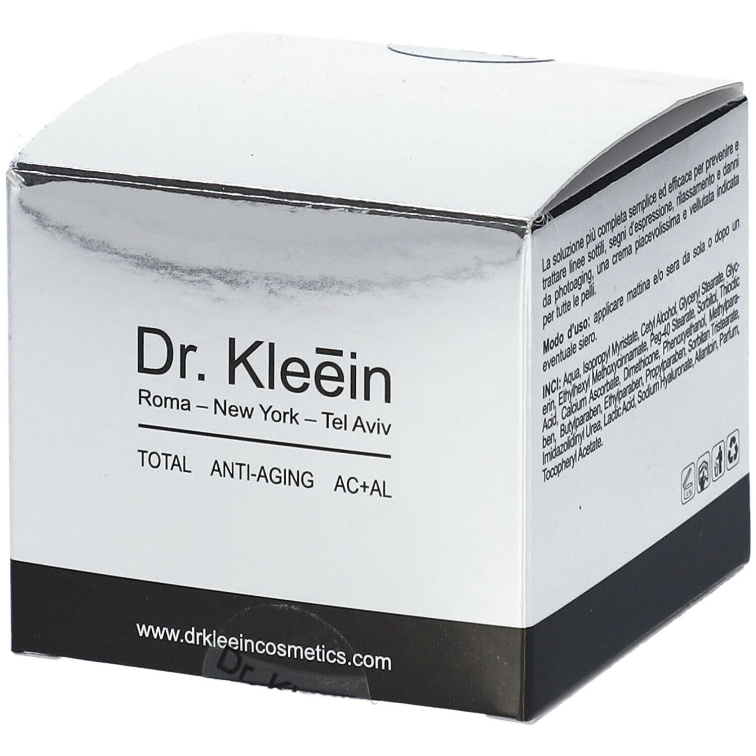Scatola bianca con nome e testo del prodotto. Base nera. Parte superiore argentata. Scritto: TOTAL ANTI-AGING AC+AL. Indirizzo del sito web.