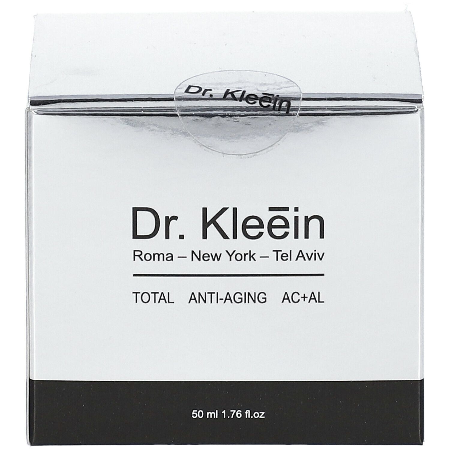 Scatola bianca con nome e testo del prodotto. Base nera. Parte superiore argentata. Scritto: TOTAL ANTI-AGING AC+AL. 50 ml.
