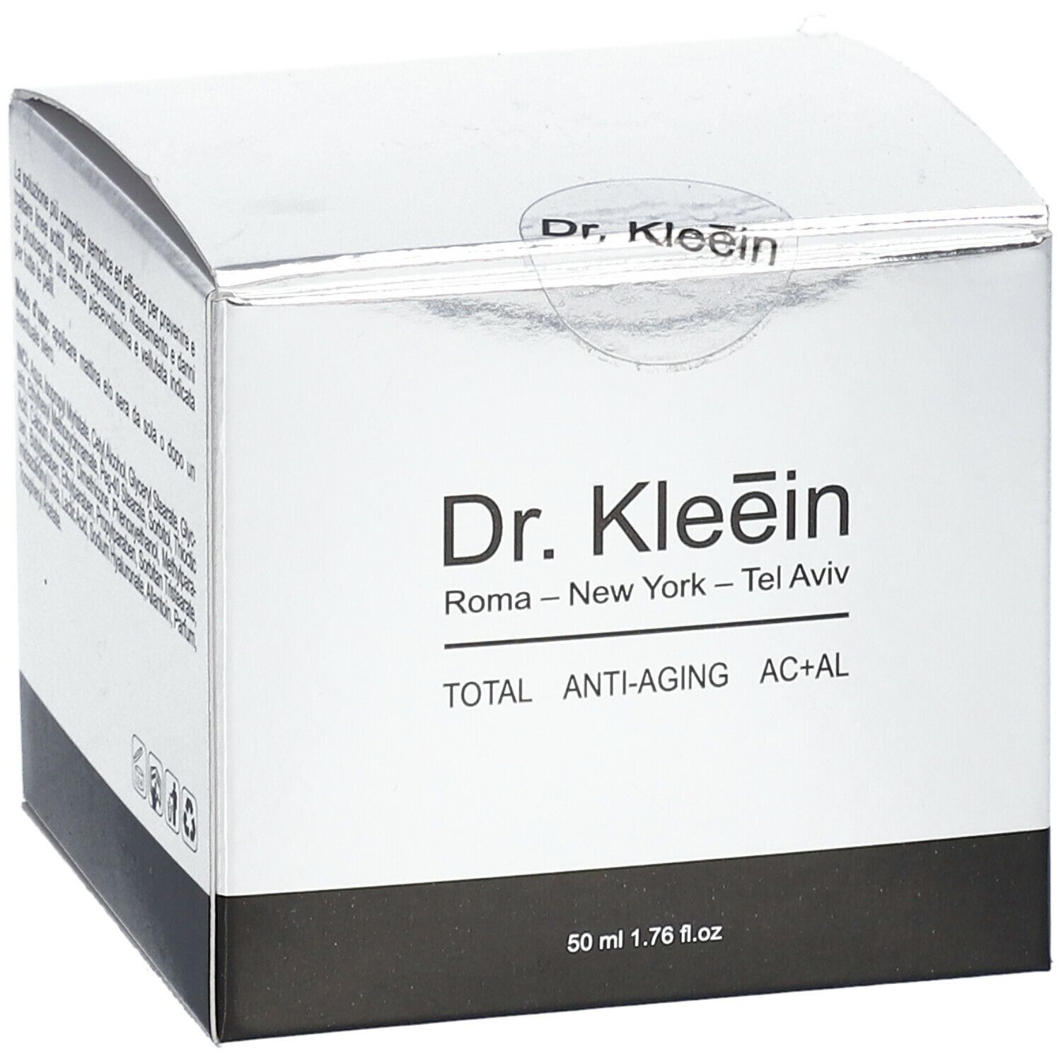 Scatola bianca con nome e testo del prodotto. Base nera. Parte superiore argentata. Scritto: TOTAL ANTI-AGING AC+AL. 50 ml.