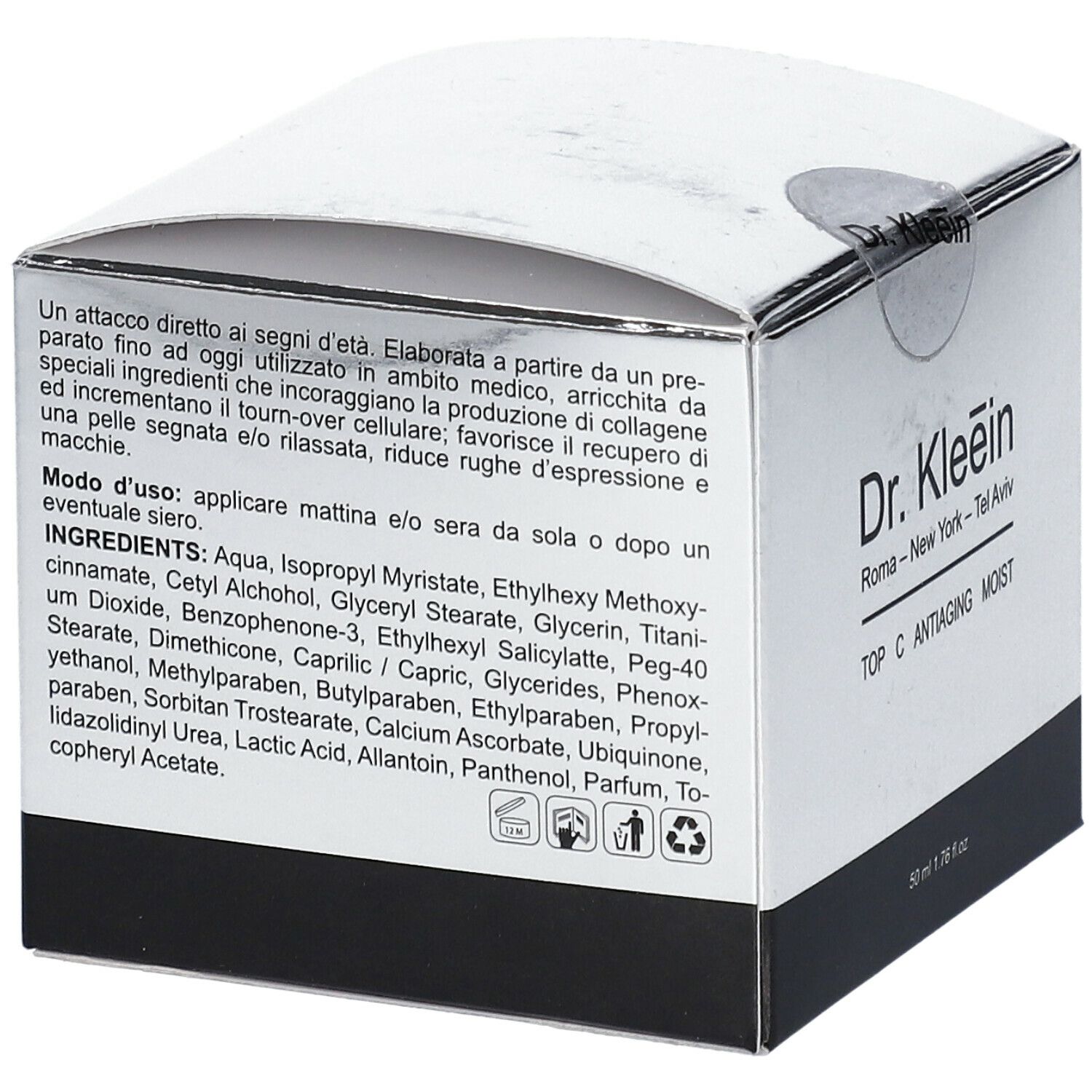 Scatola pieghevole argentata con nome prodotto Dr. Kleein, TOP C ANTIAGING MOIST. Ingredienti e istruzioni per l'uso stampati.