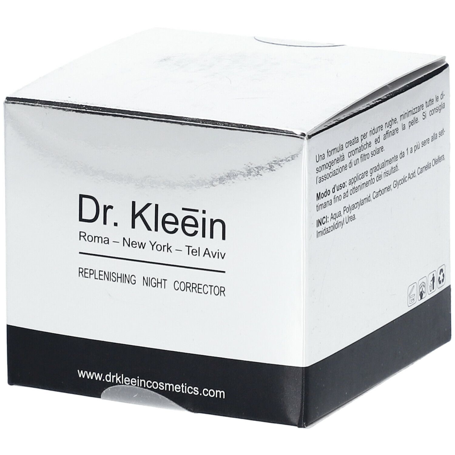 Scatola Dr. Kleein. Testo: REPLENISHING NIGHT CORRECTOR. Confezione bianca e nera. Sito web: www.drkleeincosmetics.com.