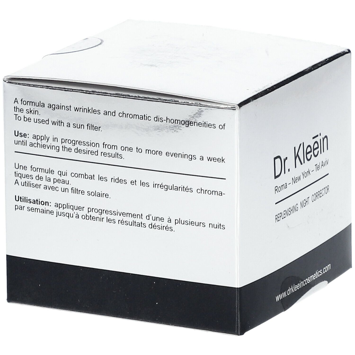 Confezione del prodotto Dr. Kleein. Testo: REPLENISHING NIGHT CORRECTOR. Contiene informazioni sull'uso.