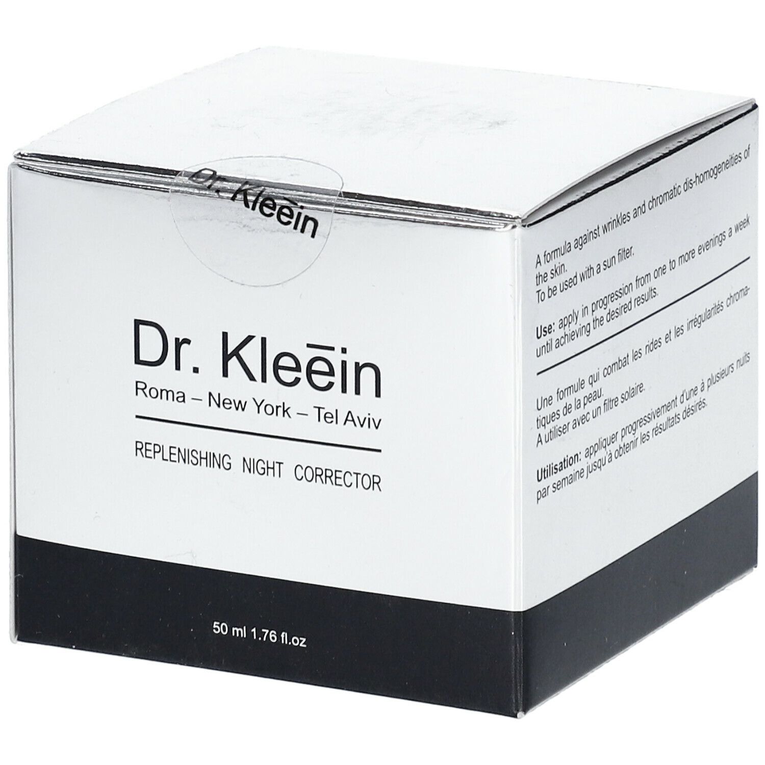 Confezione del prodotto Dr. Kleein. Testo: REPLENISHING NIGHT CORRECTOR. Volume: 50 ml. Confezione bianca e nera.