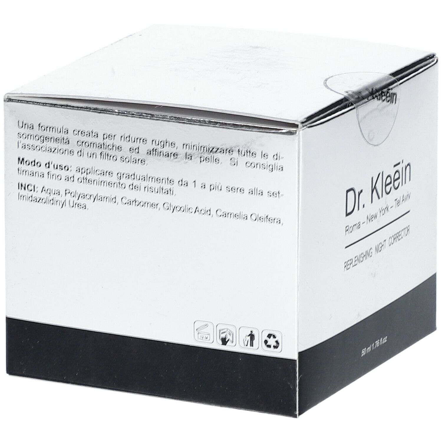 Confezione del prodotto Dr. Kleein. Testo: REPLENISHING NIGHT CORRECTOR. Contiene ingredienti e istruzioni per l'uso.
