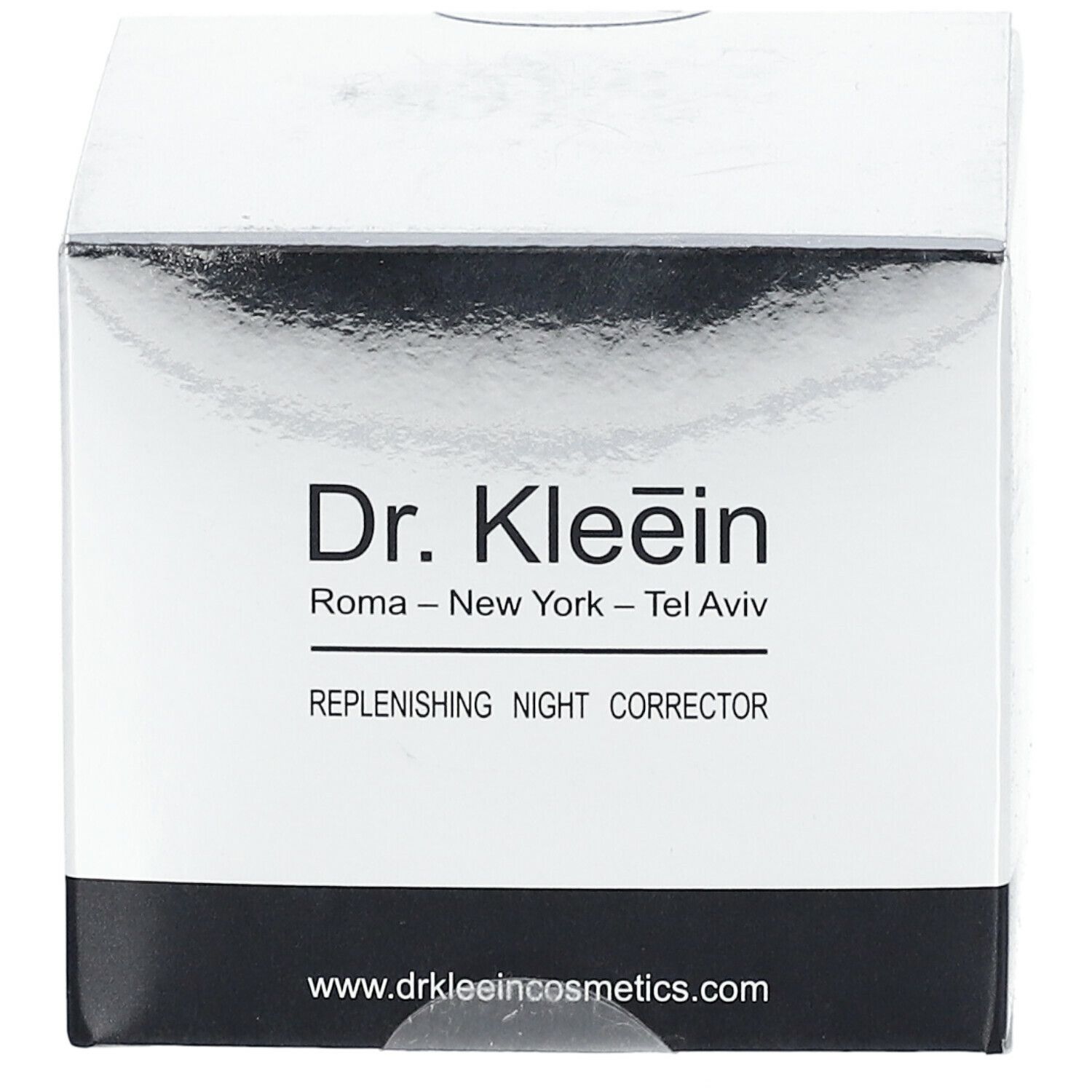 Confezione del prodotto Dr. Kleein. Testo: REPLENISHING NIGHT CORRECTOR. Confezione bianca e nera. Indirizzo del sito web.
