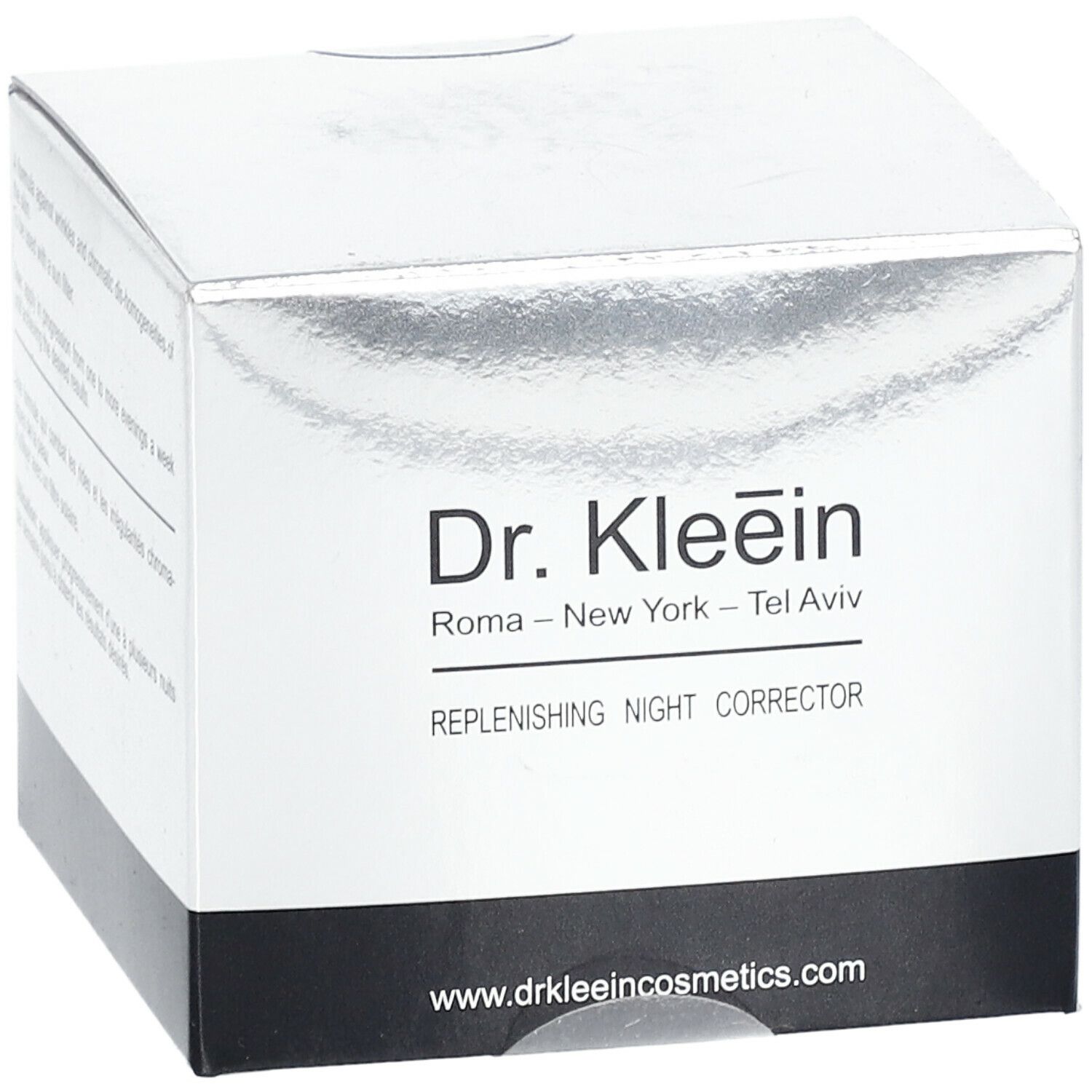Confezione del prodotto Dr. Kleein. Testo: REPLENISHING NIGHT CORRECTOR. Confezione bianca e nera. Indirizzo del sito web.