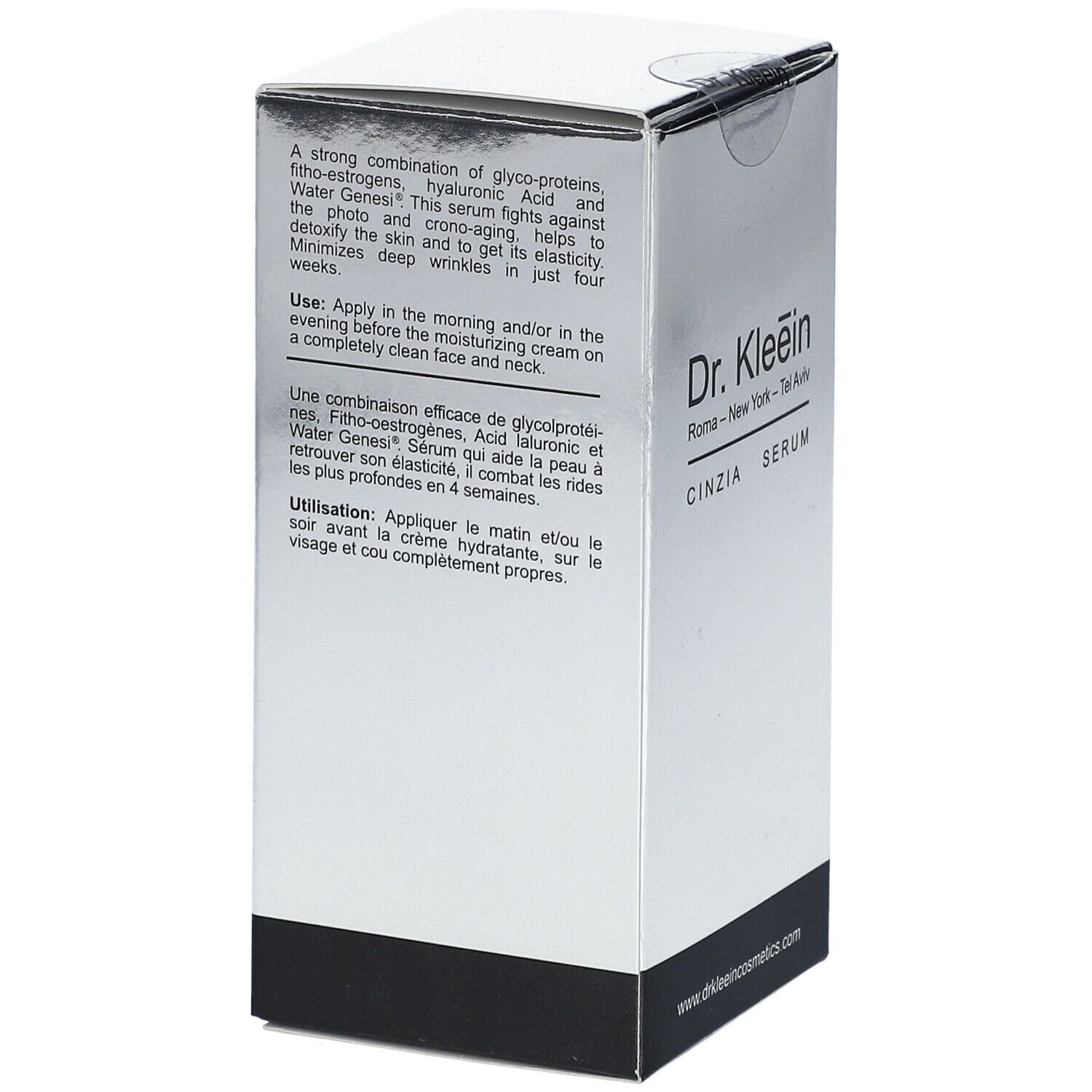 Confezione argento Dr. Kleein CINZIA SERUM. Testo sugli ingredienti e l'uso.