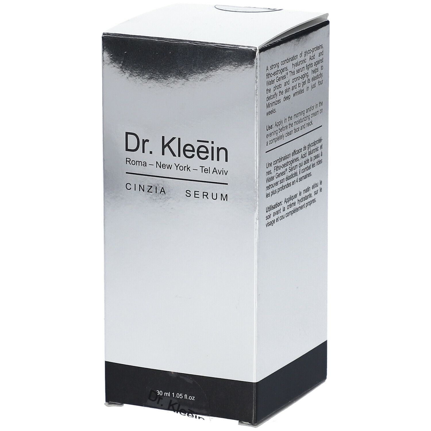 Confezione argento Dr. Kleein CINZIA SERUM. Testo sugli ingredienti e l'uso.