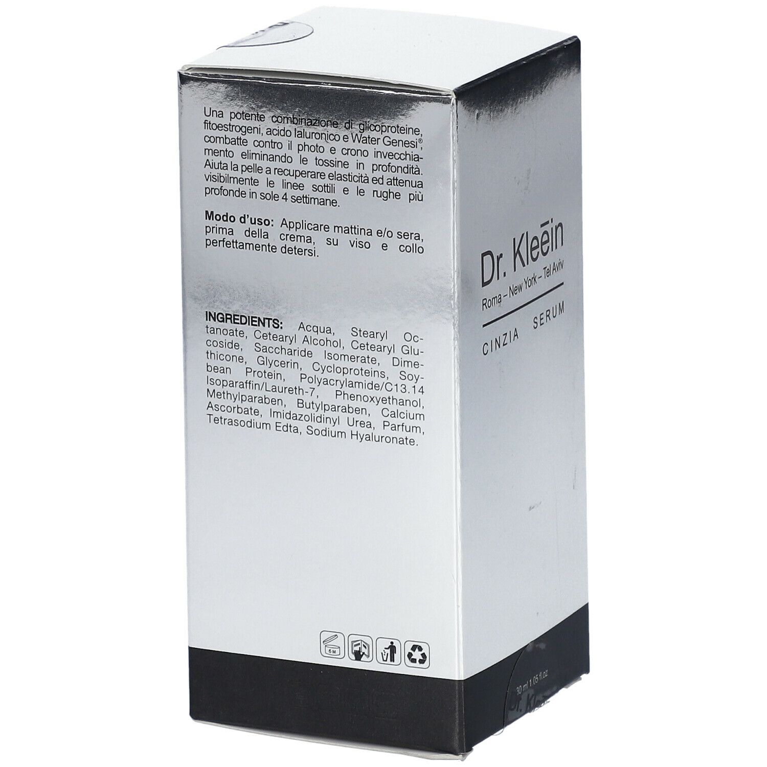 Confezione argento Dr. Kleein CINZIA SERUM. Testo sugli ingredienti e l'uso.