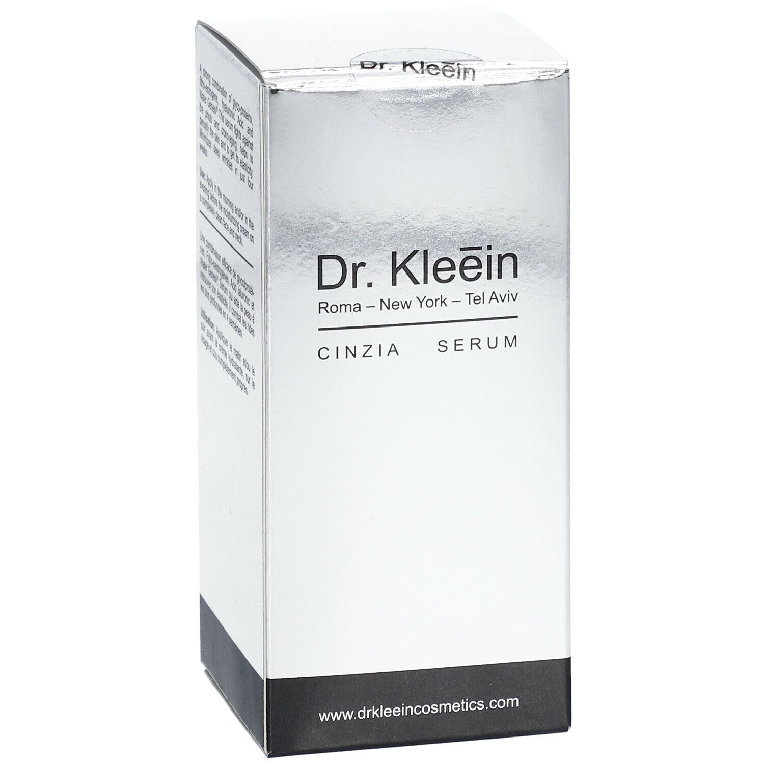 Confezione argento Dr. Kleein CINZIA SERUM. Testo sugli ingredienti e l'uso.