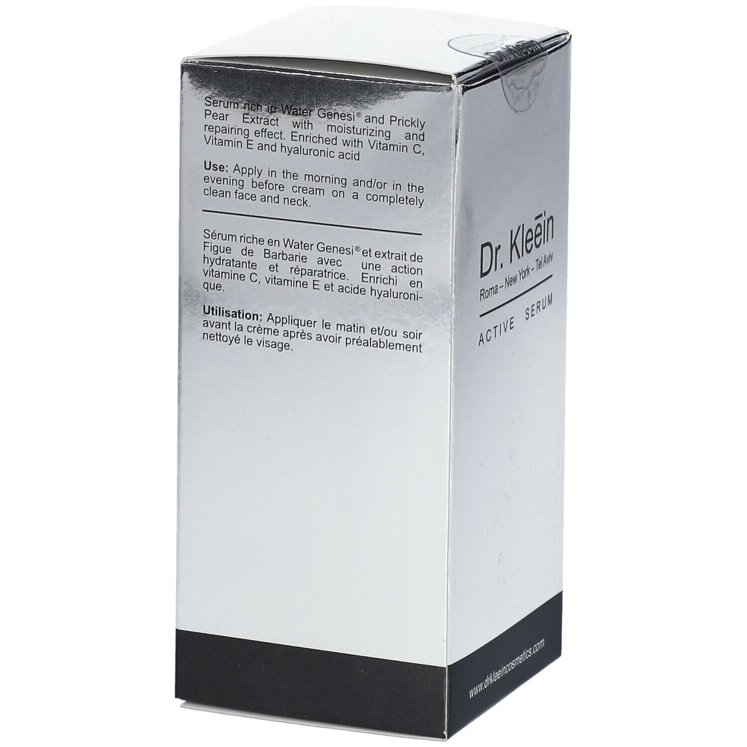 Retro della confezione argento. Testo sugli ingredienti e l'uso di Dr. Kleein ACTIVE SERUM.