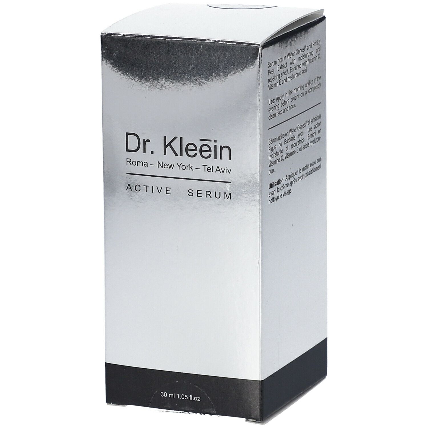 Confezione argento Dr. Kleein ACTIVE SERUM. Base nera. Volume: 30 ml 1.05 fl oz.