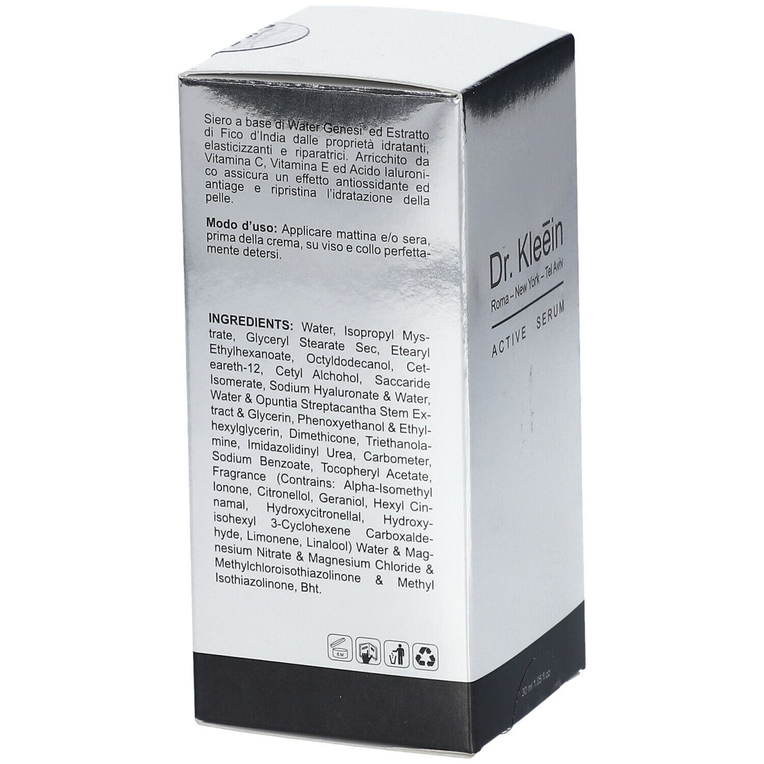Retro della confezione. Ingredienti e istruzioni per l'uso di Dr. Kleein ACTIVE SERUM.