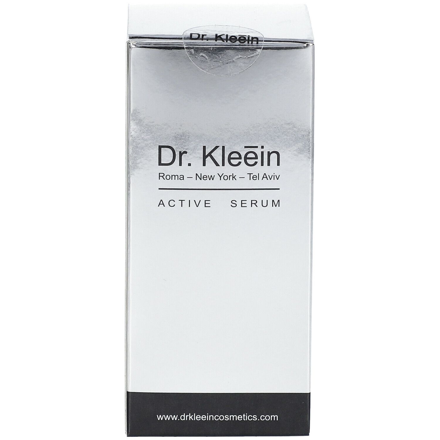 Fronte della confezione argento. Nome del prodotto Dr. Kleein ACTIVE SERUM. Base nera.