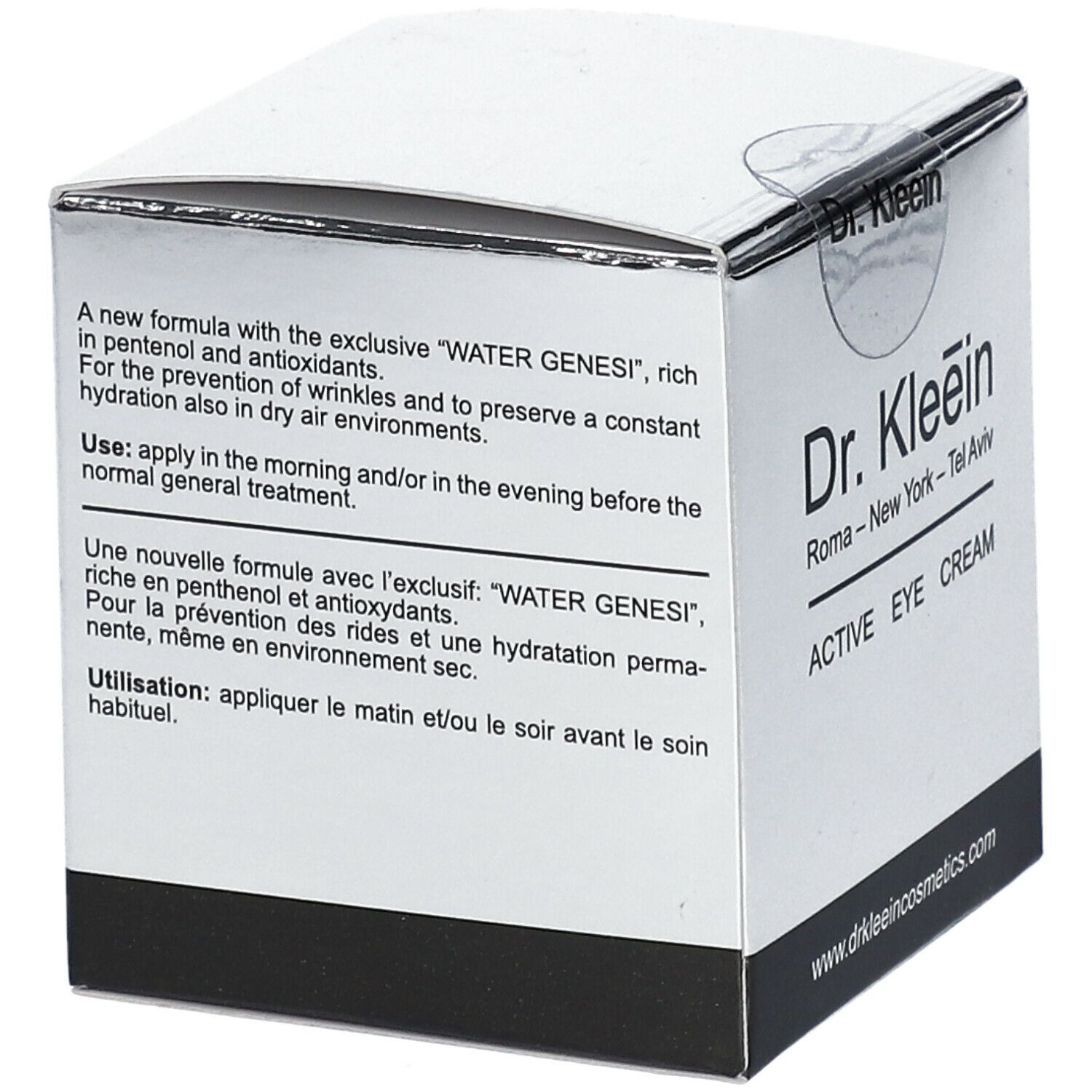 Confezione Dr. Kleein ACTIVE EYE CREAM. Testo laterale: nuova formula con WATER GENESI. Argento e nero.