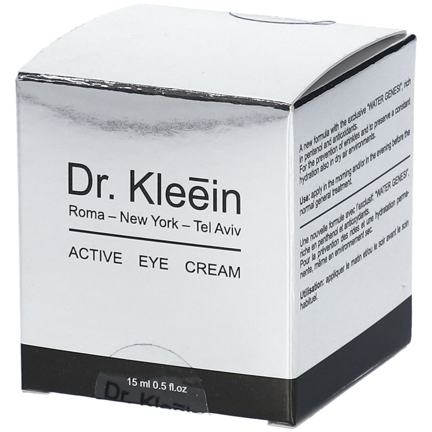 Confezione Dr. Kleein ACTIVE EYE CREAM. Contiene 15 ml. Superficie argentata, base nera. Logo e nome del prodotto.