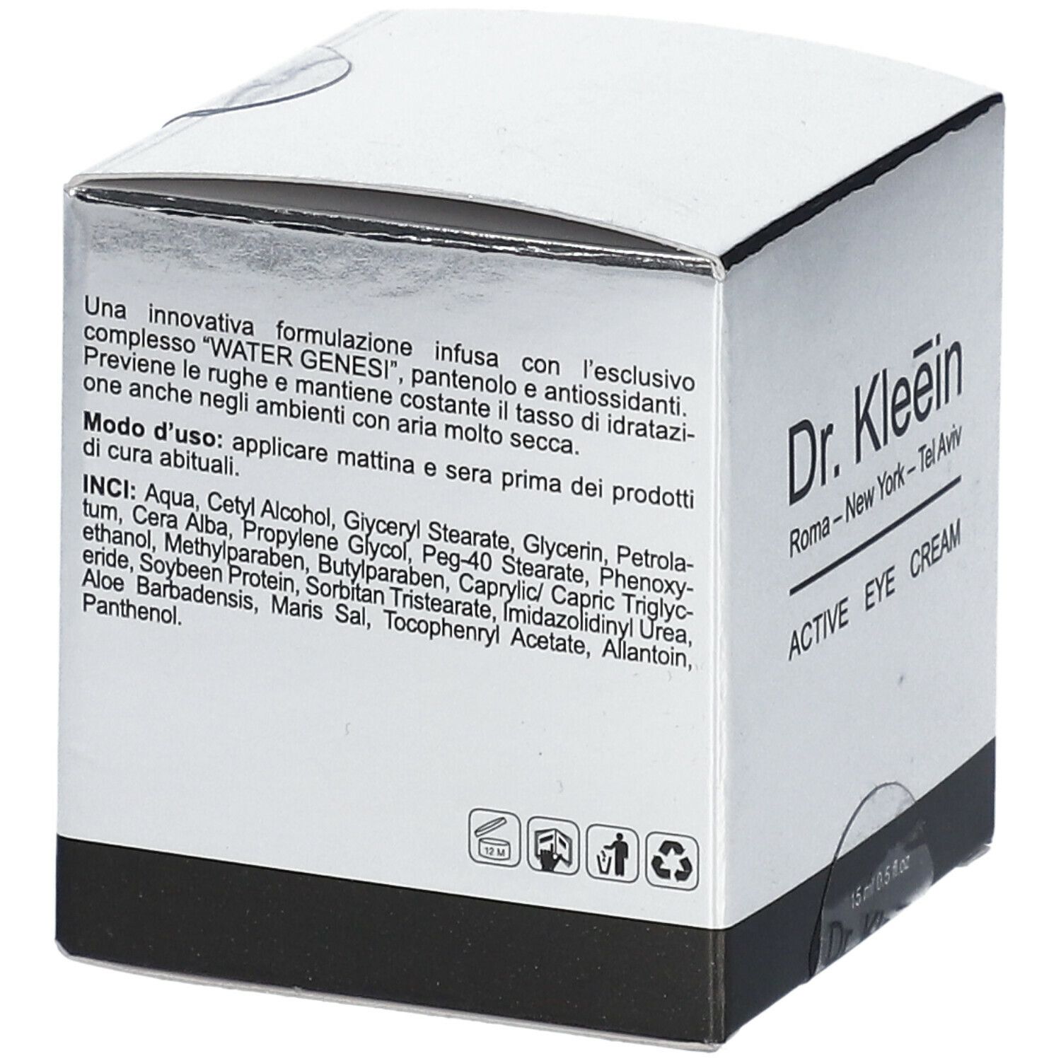Confezione Dr. Kleein ACTIVE EYE CREAM. Ingredienti e istruzioni per l'uso. Argento e nero.