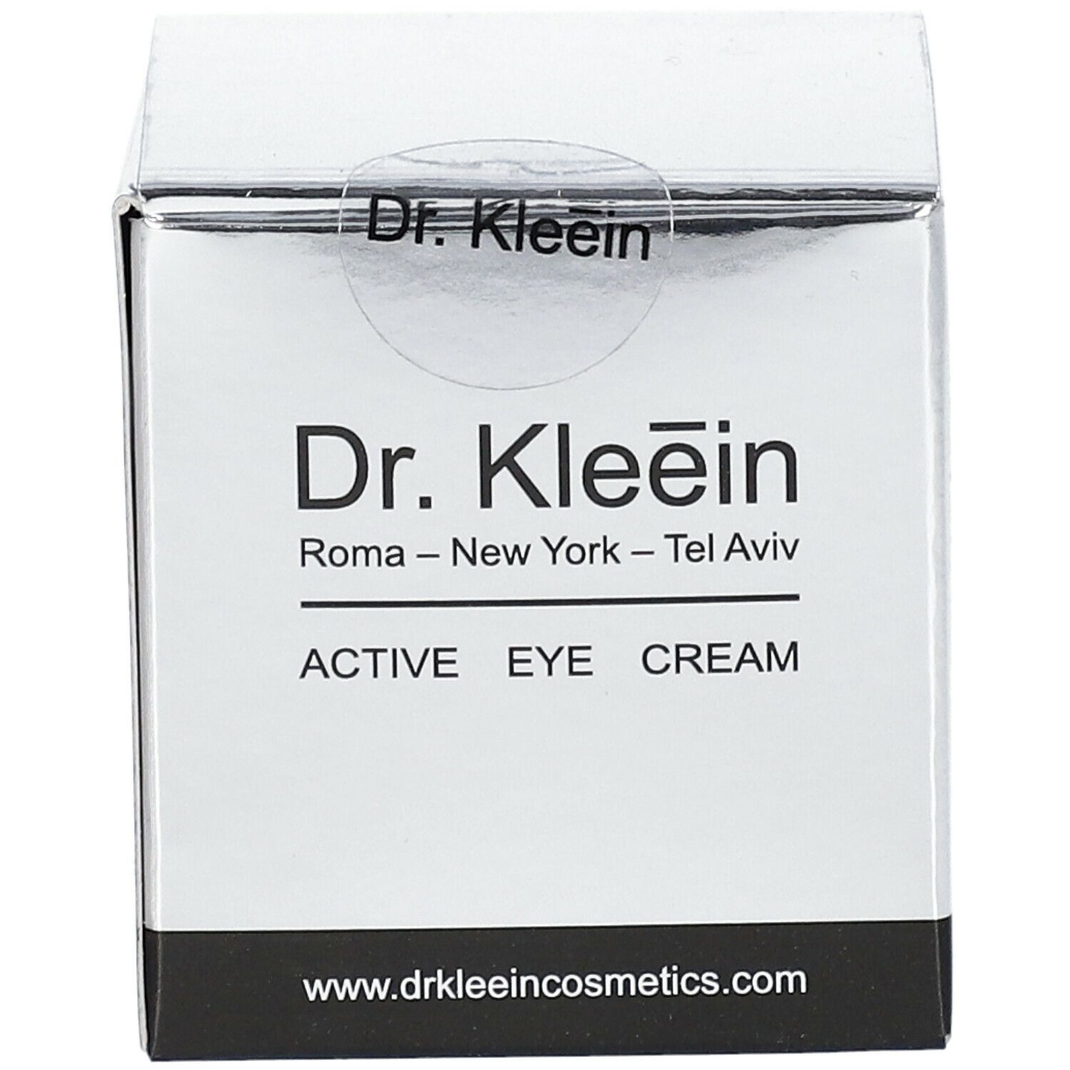Confezione Dr. Kleein ACTIVE EYE CREAM. Logo, nome del prodotto e indirizzo del sito web. Argento e nero.