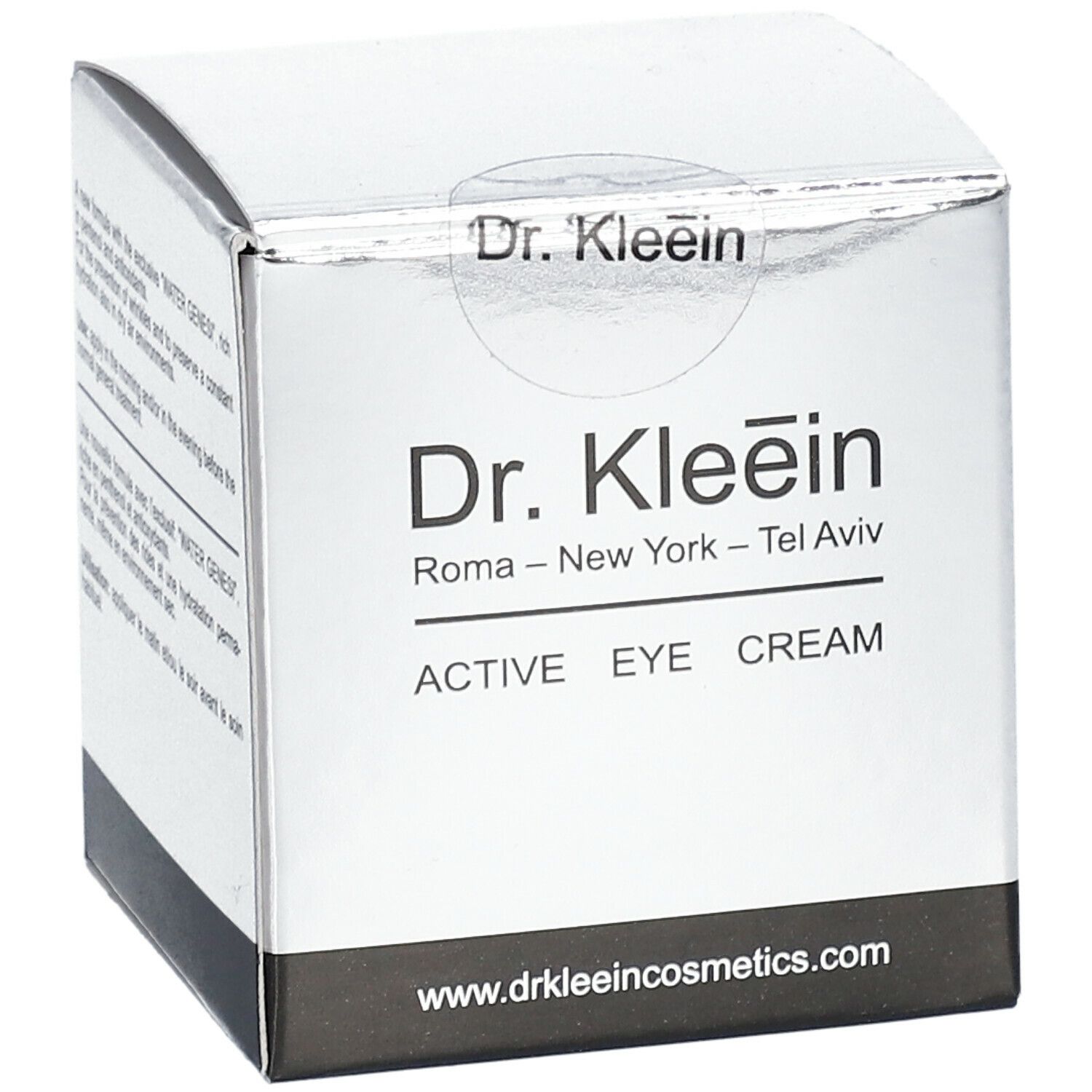 Confezione Dr. Kleein ACTIVE EYE CREAM. Logo, nome del prodotto e indirizzo del sito web. Argento e nero.