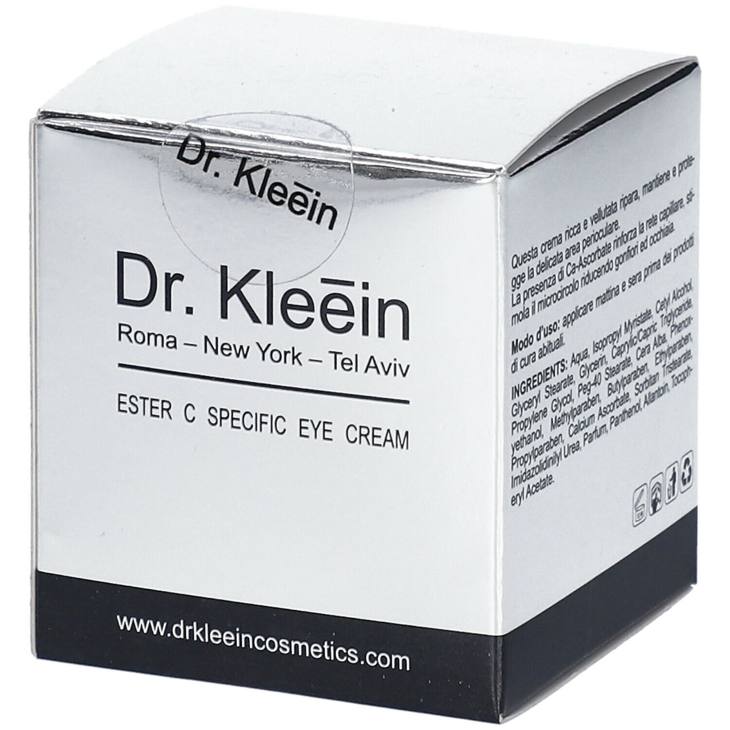 Scatola argentata con informazioni sul prodotto. Scritto: Dr. Kleein, ESTER C SPECIFIC EYE CREAM. Indirizzo web.