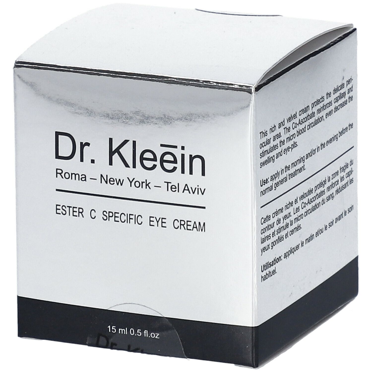 Scatola argentata con informazioni sul prodotto. Scritto: Dr. Kleein, ESTER C SPECIFIC EYE CREAM. 15 ml.