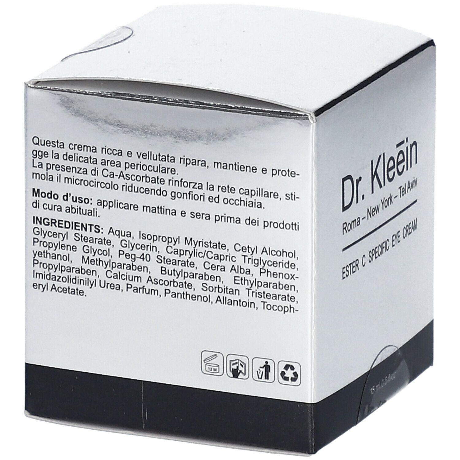 Scatola argentata con ingredienti e informazioni sul prodotto. Scritto: Dr. Kleein. Striscia nera in basso.