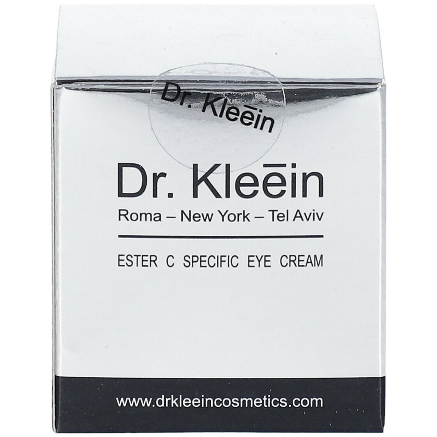 Scatola argentata con informazioni sul prodotto. Scritto: Dr. Kleein, ESTER C SPECIFIC EYE CREAM. Indirizzo web.