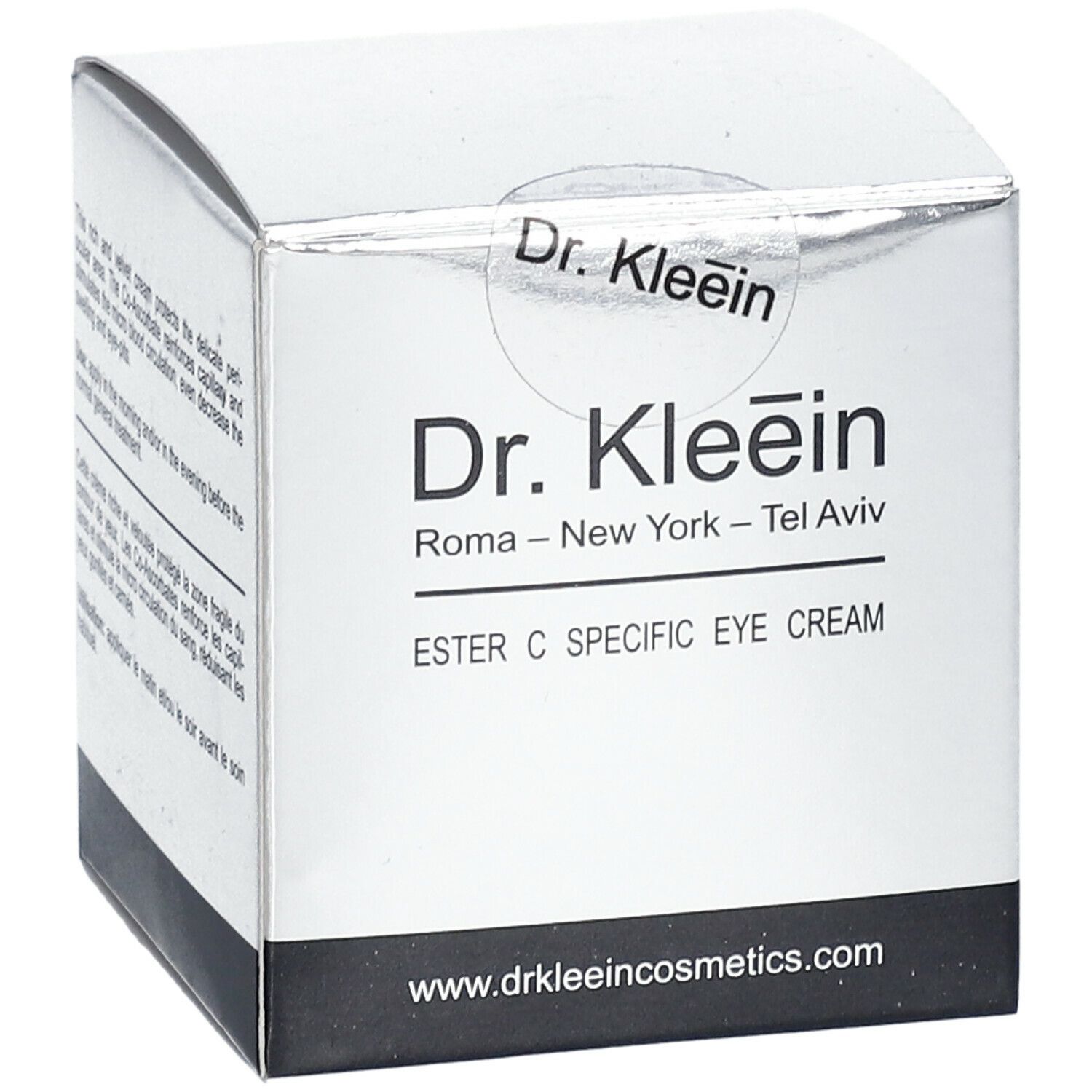 Scatola argentata con informazioni sul prodotto. Scritto: Dr. Kleein, ESTER C SPECIFIC EYE CREAM. Indirizzo web.