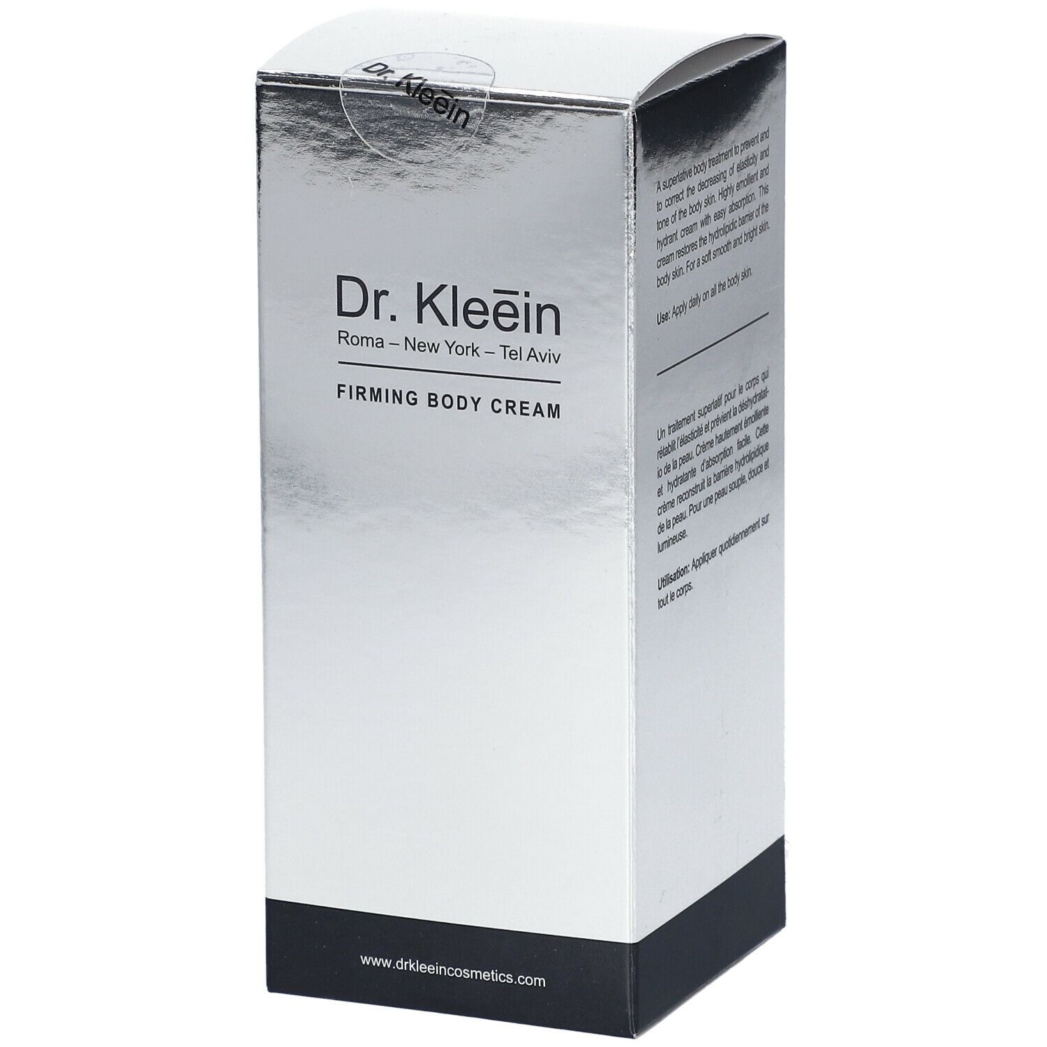 Scatola argentata con logo Dr. Kleein e scritta FIRMING BODY CREAM. Base nera. Sigillo in alto.