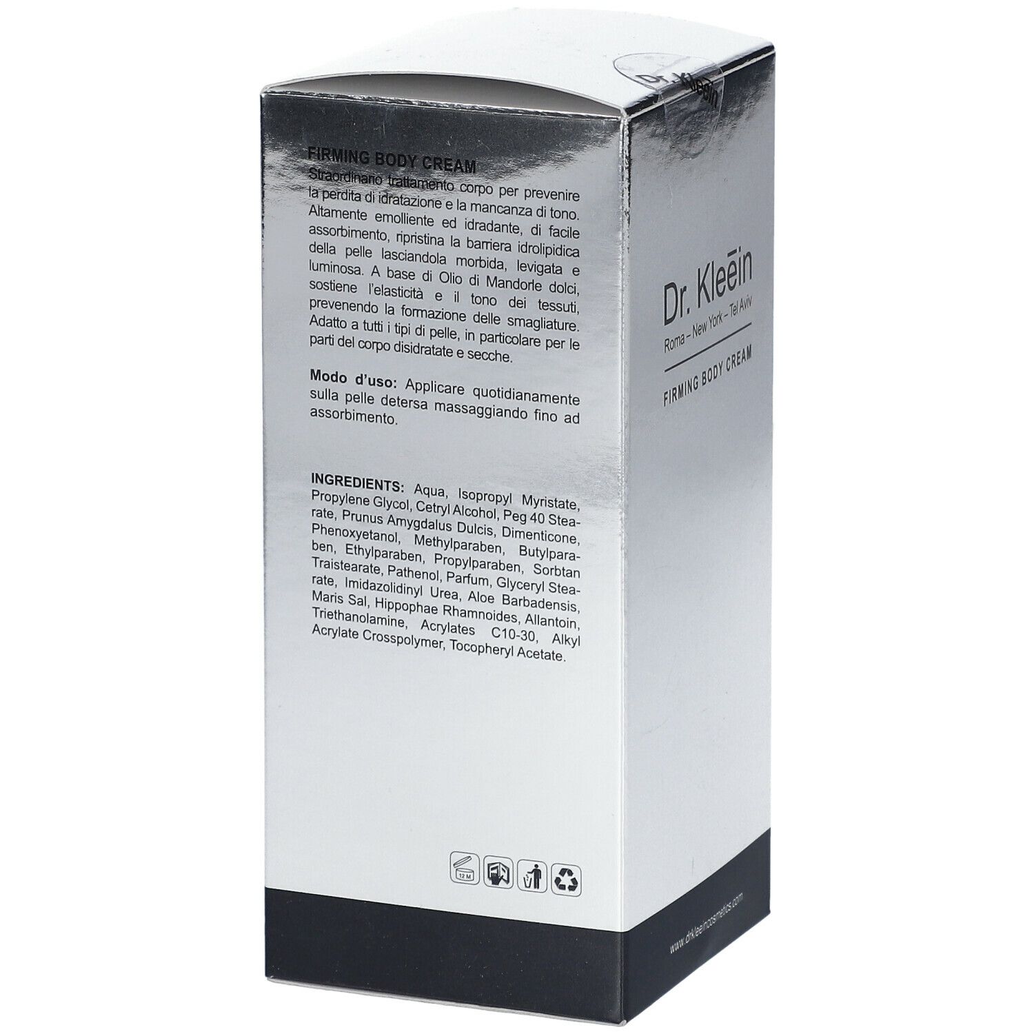 Scatola argentata con testo. Dr. Kleein FIRMING BODY CREAM. Elenco ingredienti e istruzioni in italiano.