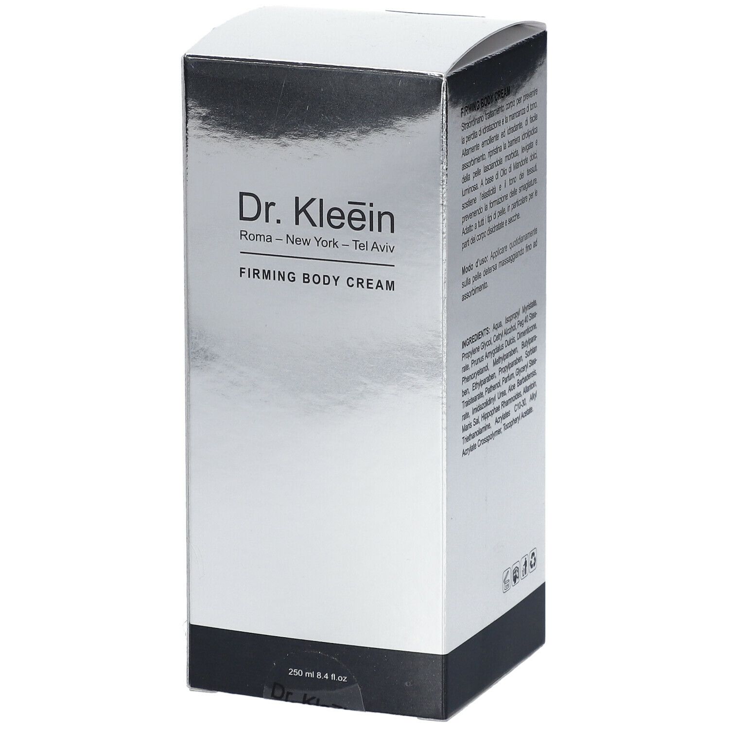 Scatola argentata con logo Dr. Kleein e scritta FIRMING BODY CREAM. 250 ml. Base nera.