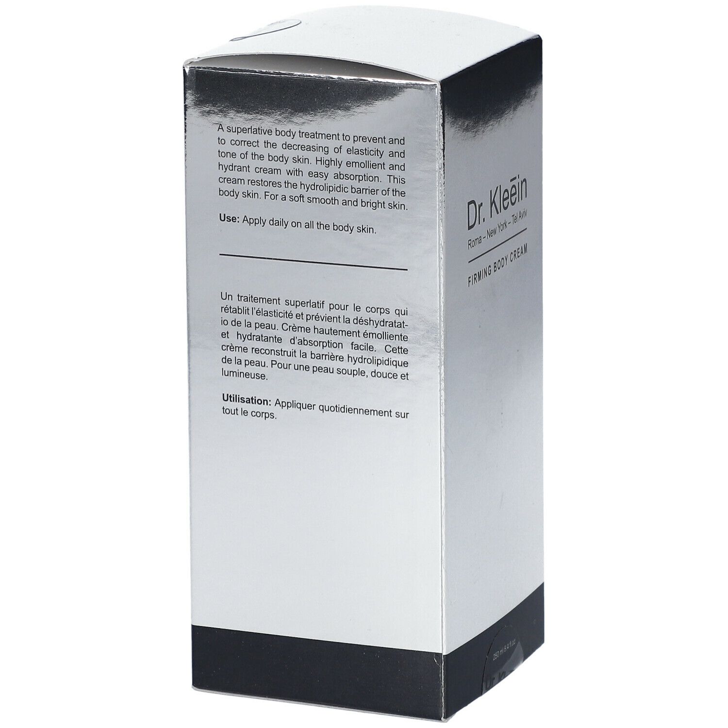 Scatola argentata con testo. Dr. Kleein FIRMING BODY CREAM. Istruzioni per l'uso in inglese e francese.