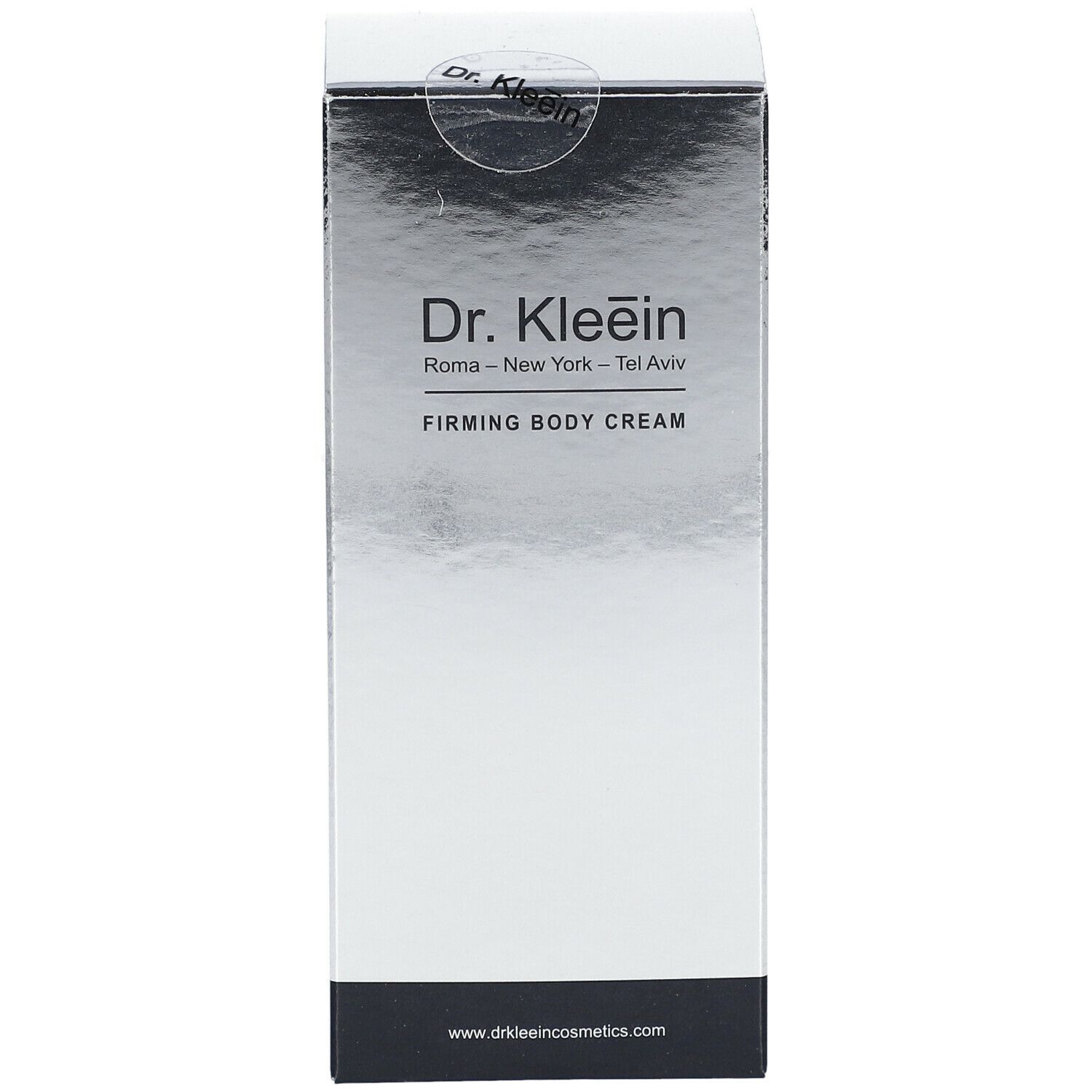 Scatola argentata con logo Dr. Kleein e scritta FIRMING BODY CREAM. Sigillo in alto.