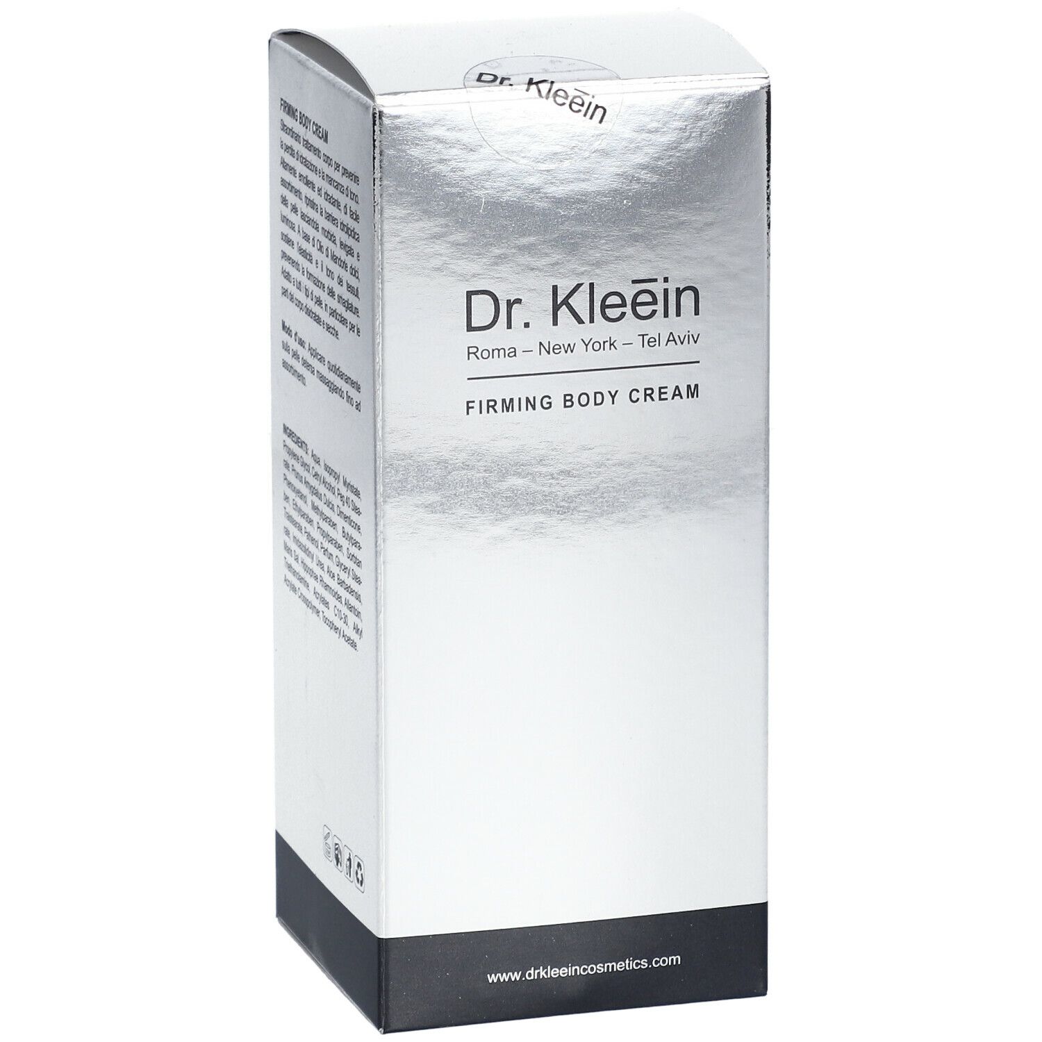 Scatola argentata con logo Dr. Kleein e scritta FIRMING BODY CREAM. Testo sul lato.